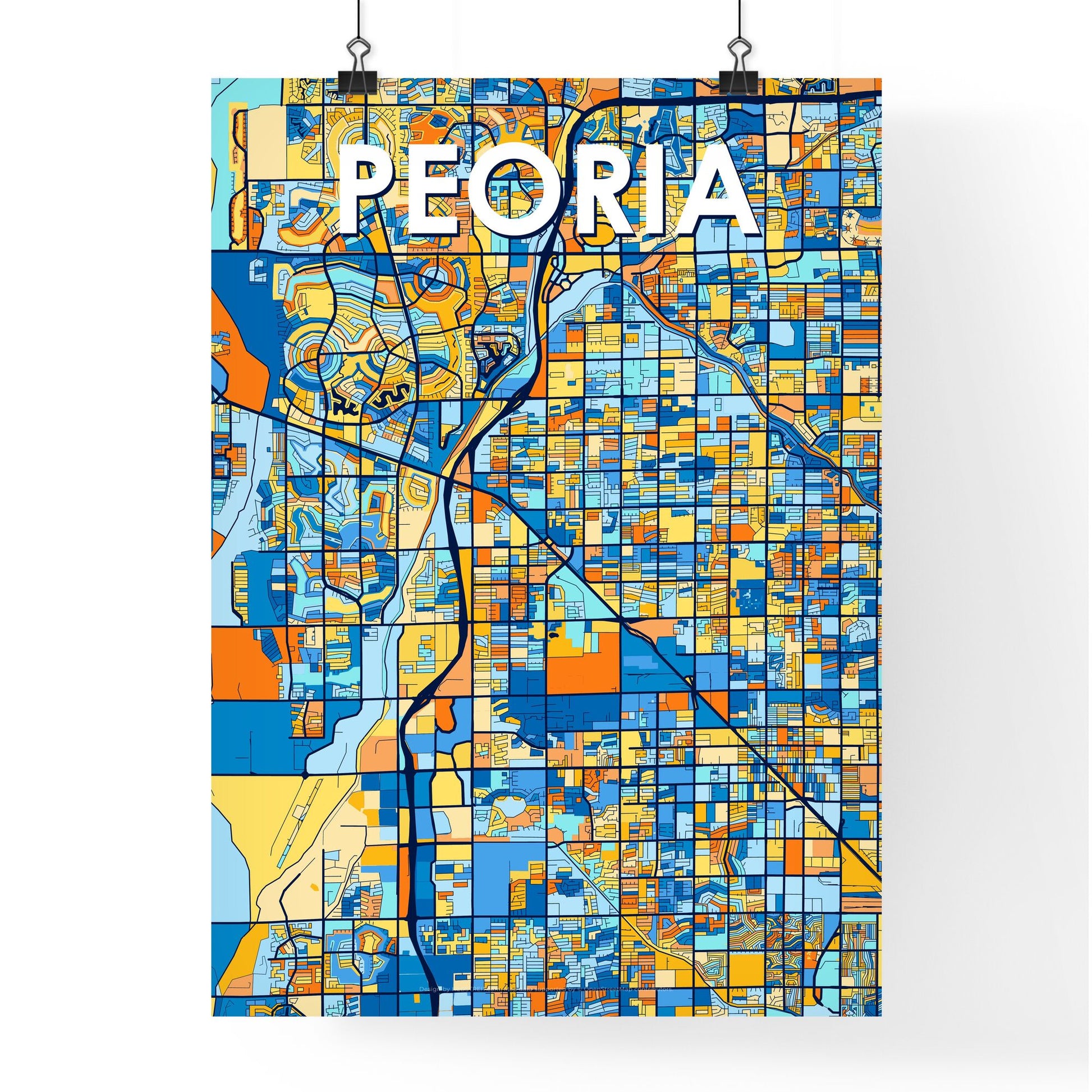 PEORIA ARIZONA Vibrant Colorful Art Map Poster Blue Orange