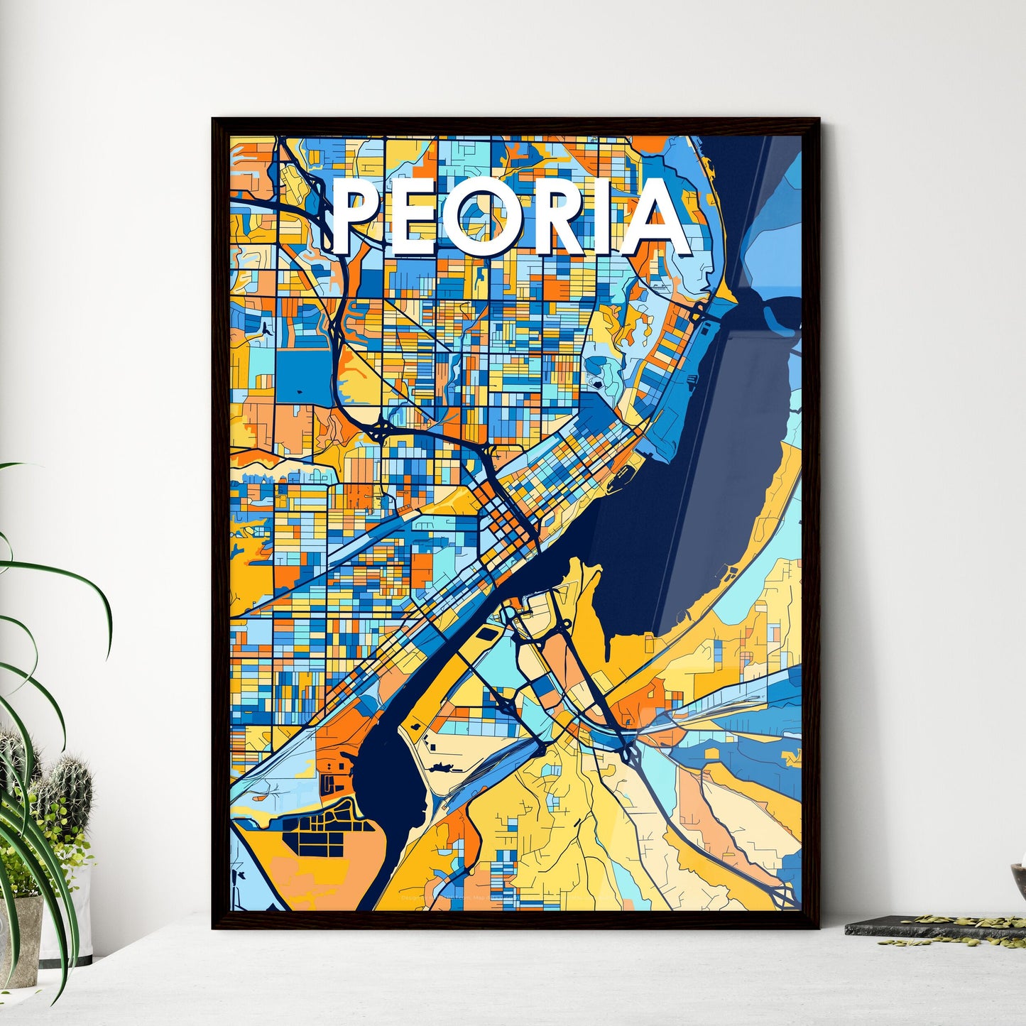 PEORIA ILLINOIS Vibrant Colorful Art Map Poster Blue Orange