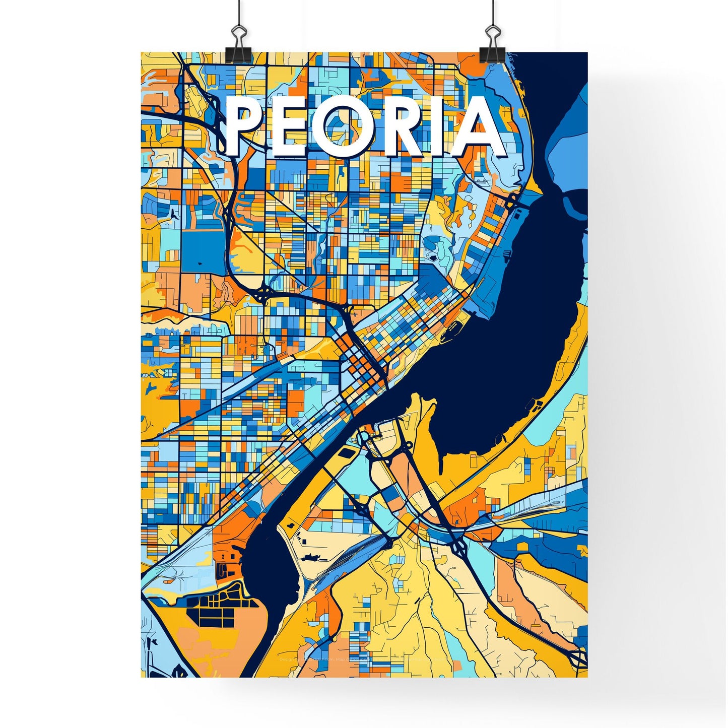 PEORIA ILLINOIS Vibrant Colorful Art Map Poster Blue Orange