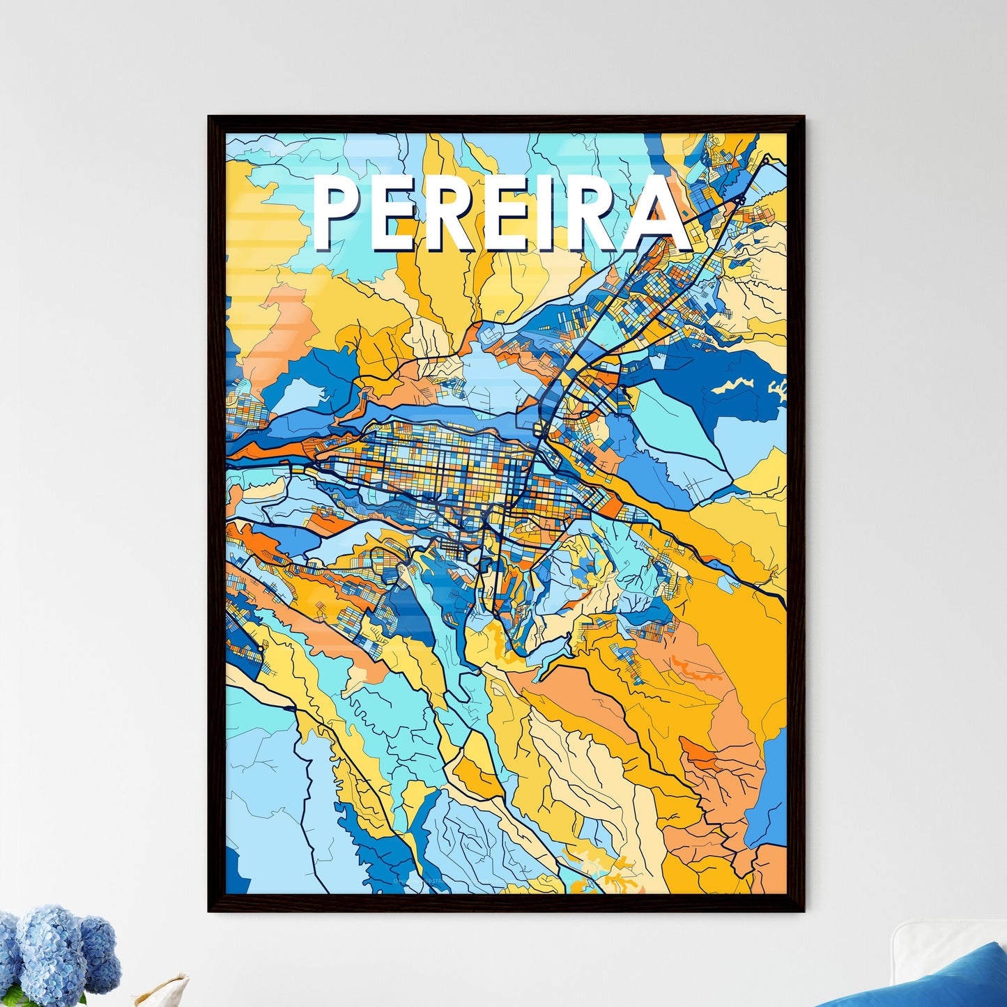 PEREIRA COLOMBIA Vibrant Colorful Art Map Poster Blue Orange