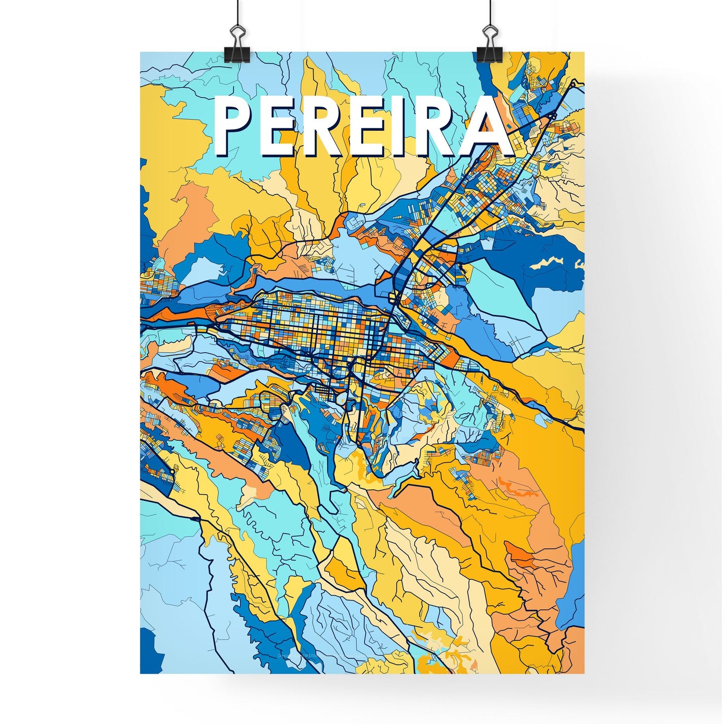 PEREIRA COLOMBIA Vibrant Colorful Art Map Poster Blue Orange