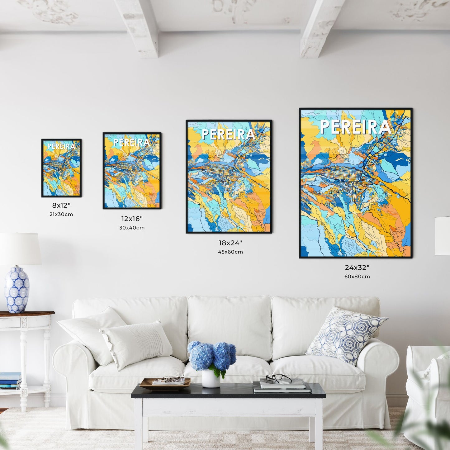 PEREIRA COLOMBIA Vibrant Colorful Art Map Poster Blue Orange