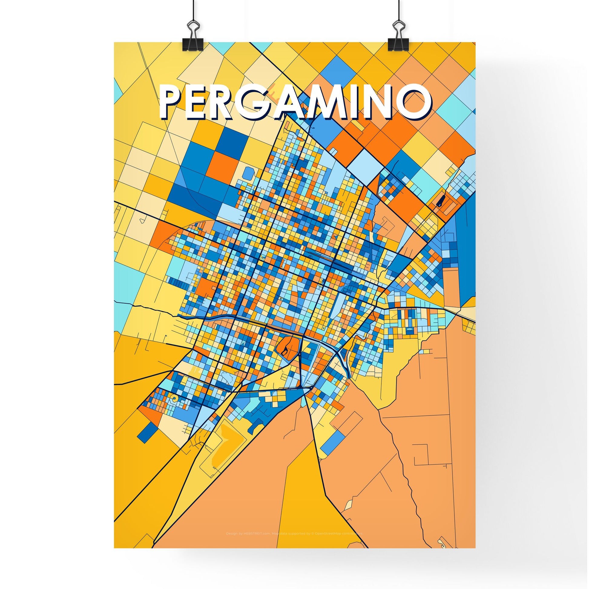 PERGAMINO ARGENTINA Vibrant Colorful Art Map Poster Blue Orange