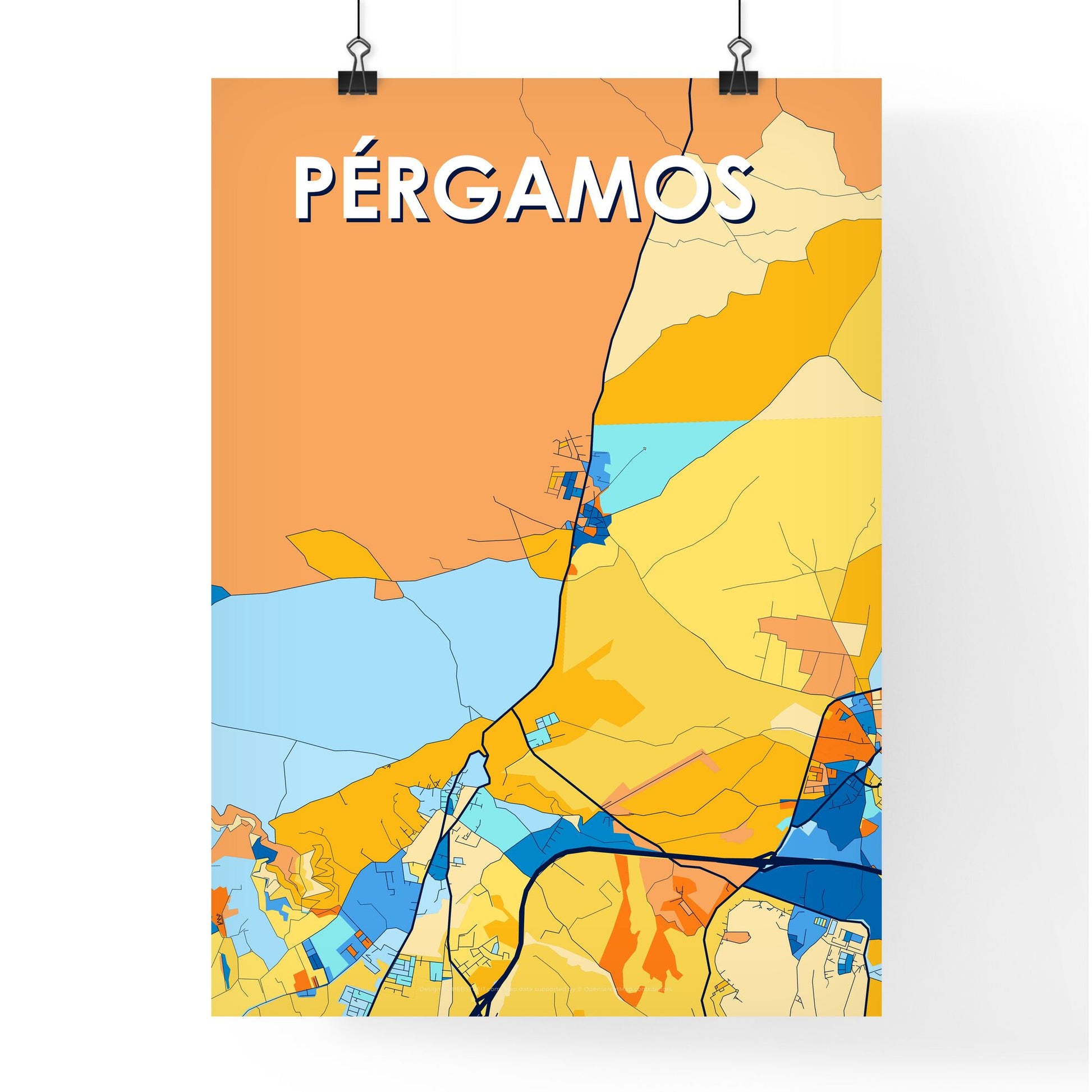 PÉRGAMOS CYPRUS Vibrant Colorful Art Map Poster Blue Orange