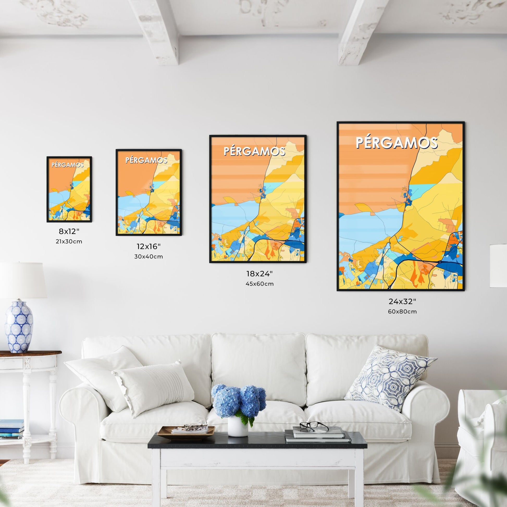 PÉRGAMOS CYPRUS Vibrant Colorful Art Map Poster Blue Orange