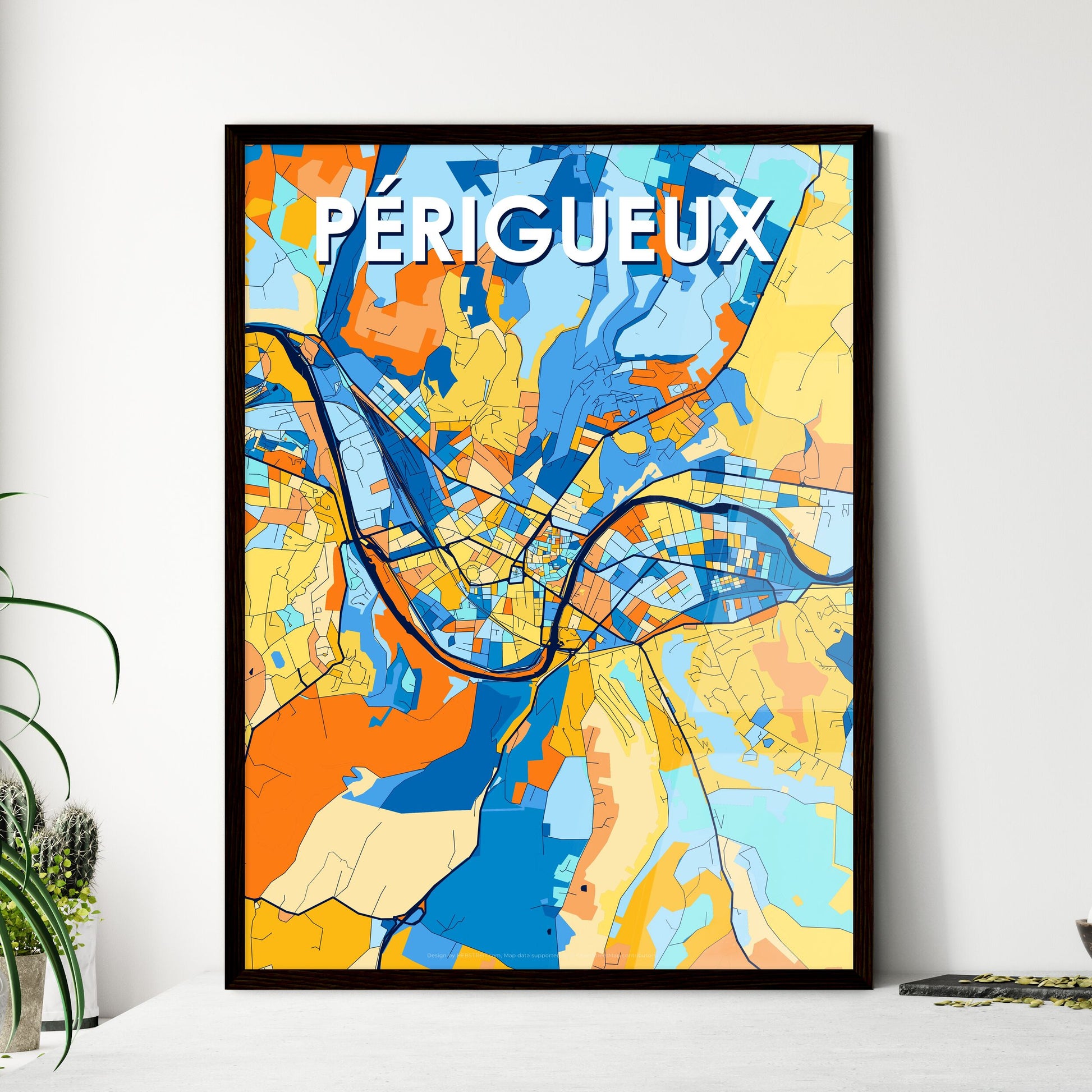 PÉRIGUEUX FRANCE Vibrant Colorful Art Map Poster Blue Orange