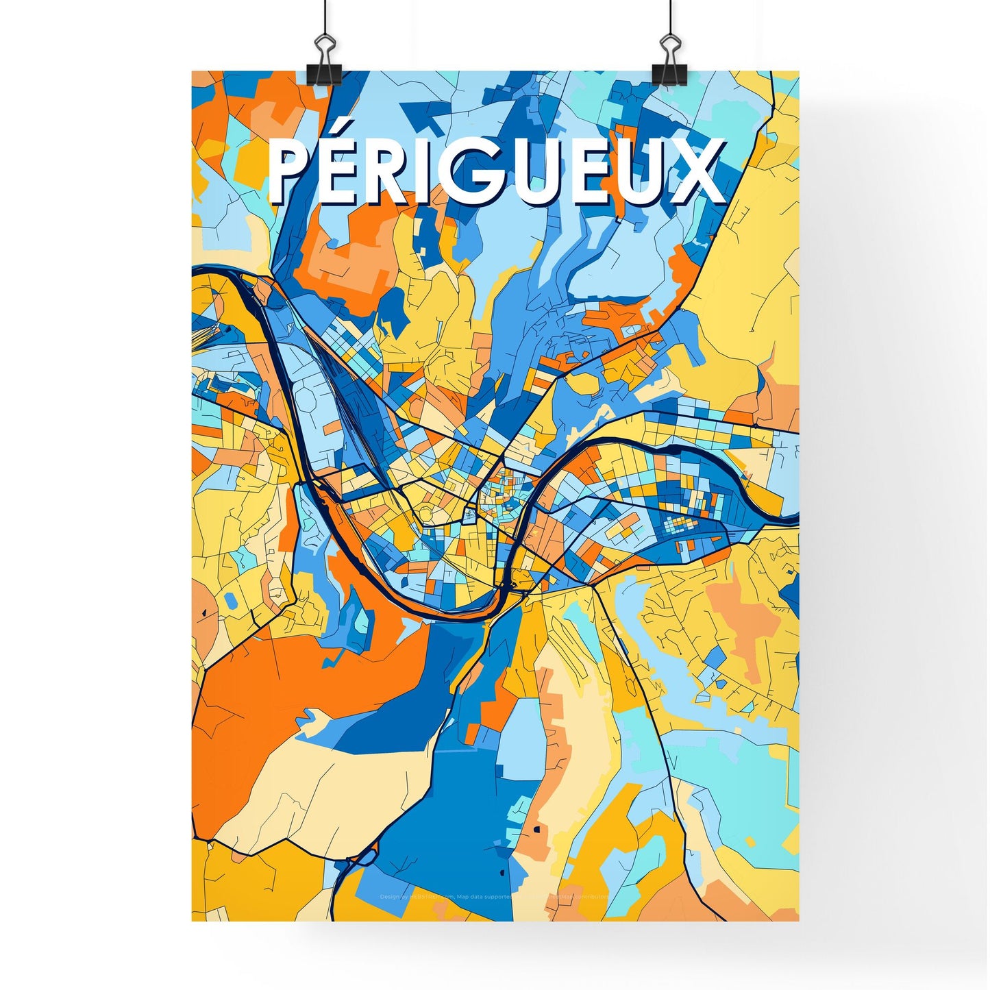 PÉRIGUEUX FRANCE Vibrant Colorful Art Map Poster Blue Orange