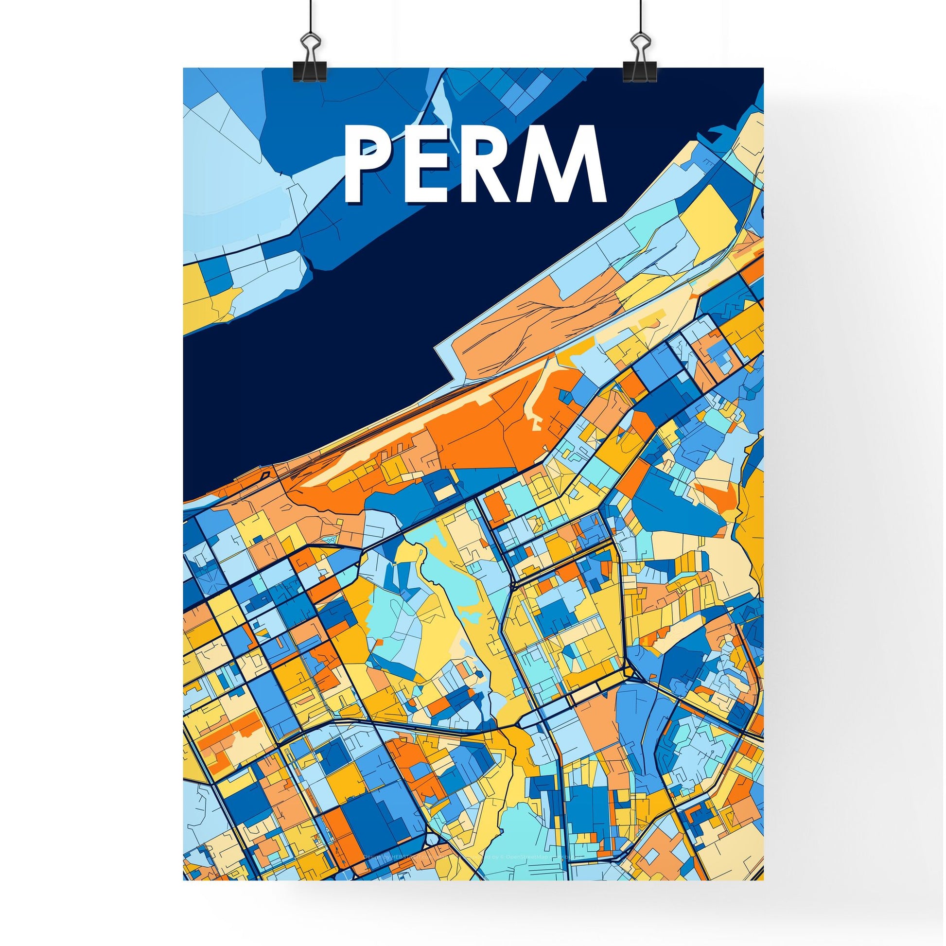 PERM RUSSIA Vibrant Colorful Art Map Poster Blue Orange