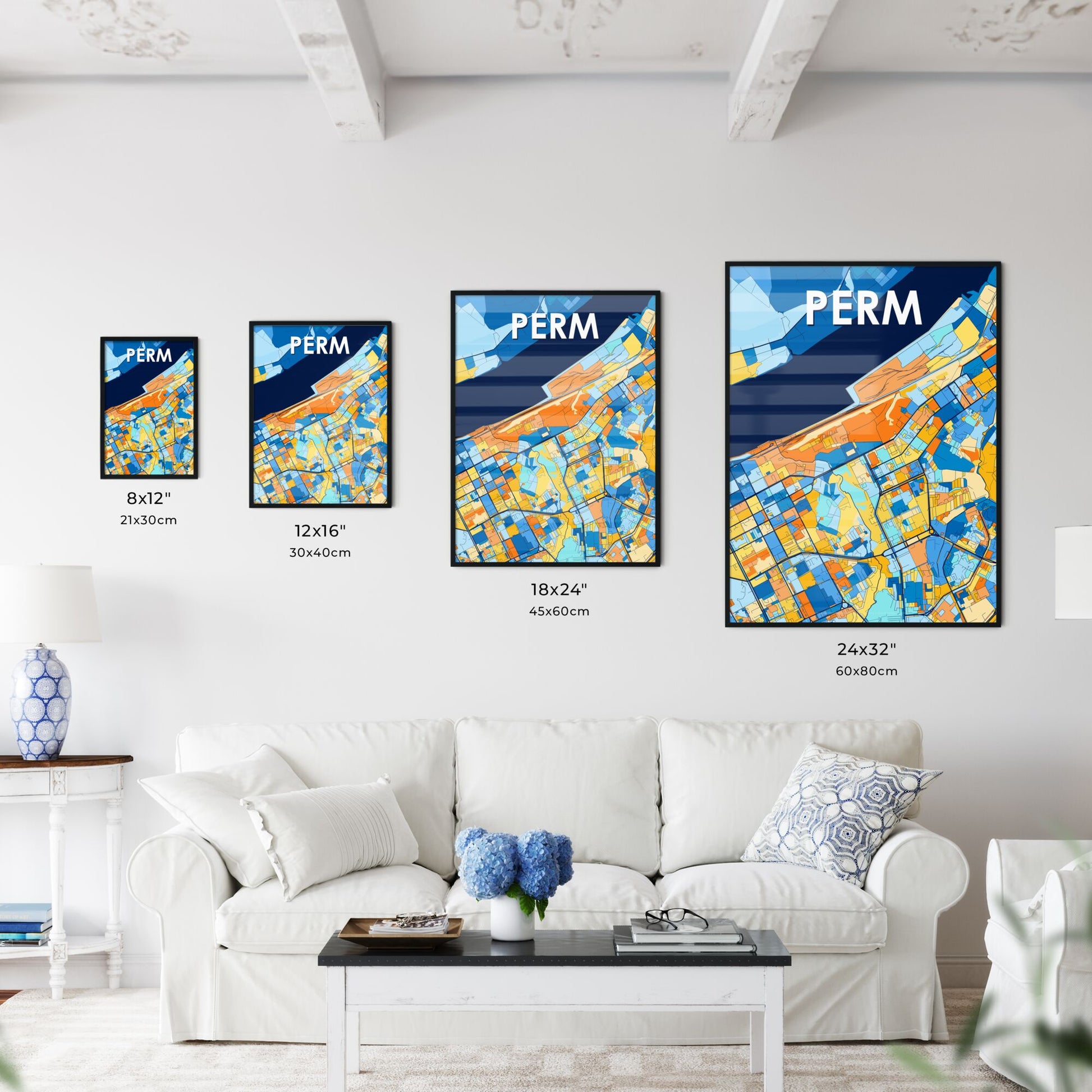 PERM RUSSIA Vibrant Colorful Art Map Poster Blue Orange