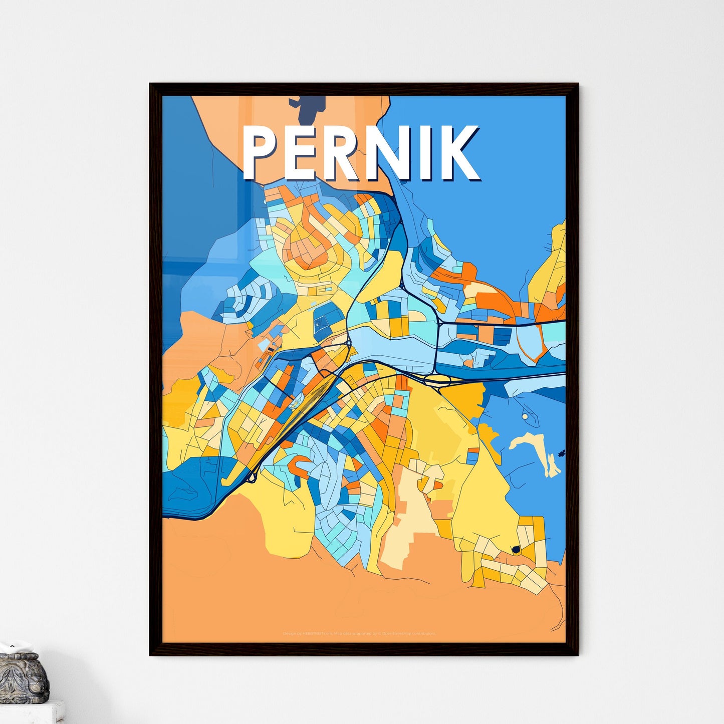 PERNIK BULGARIA Vibrant Colorful Art Map Poster Blue Orange