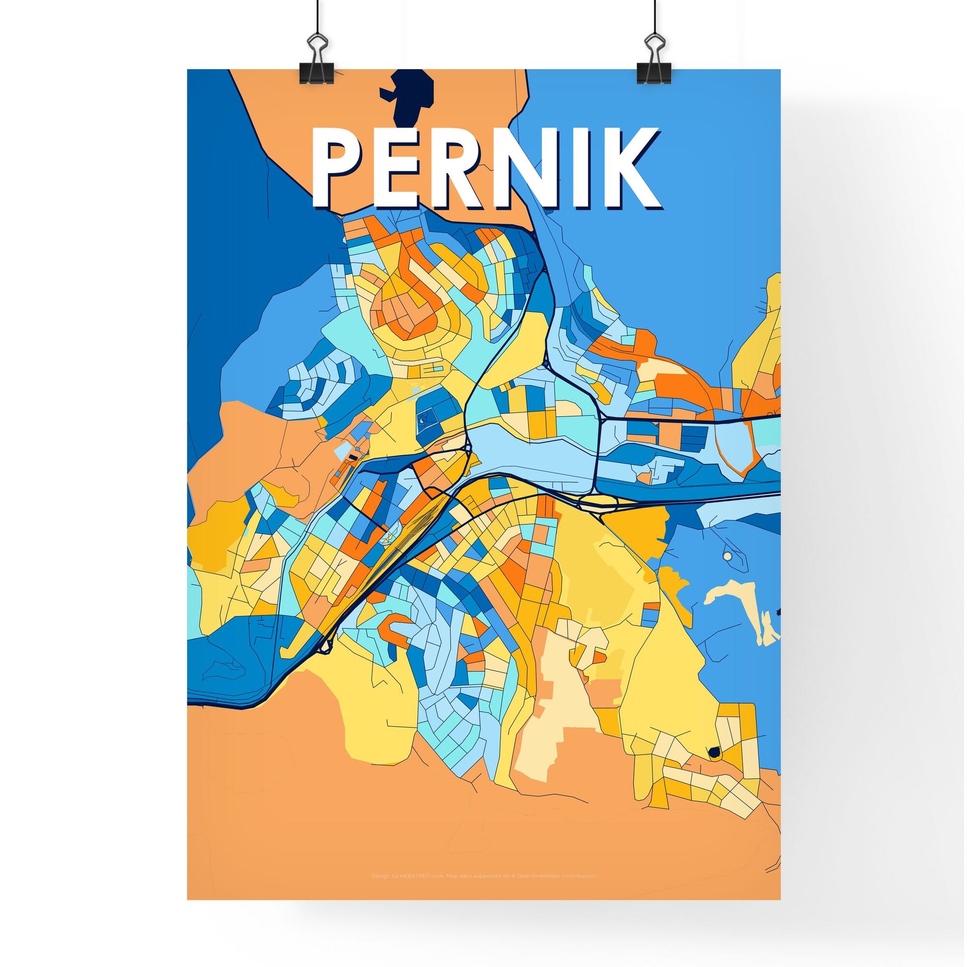 PERNIK BULGARIA Vibrant Colorful Art Map Poster Blue Orange