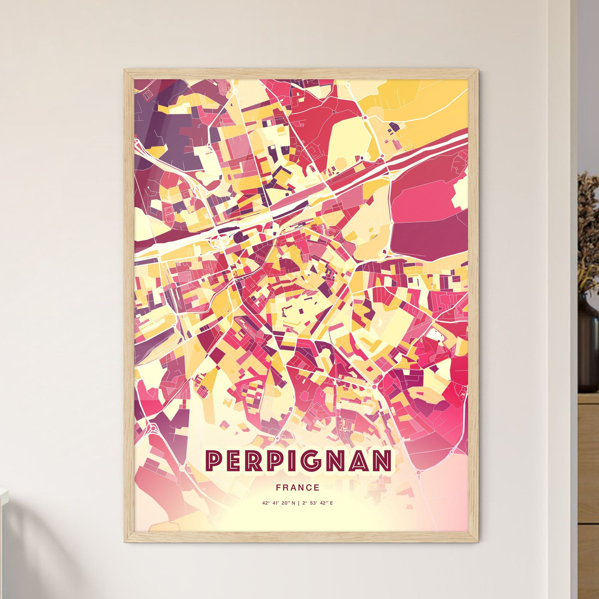 Colorful Perpignan France Fine Art Map Hot Red