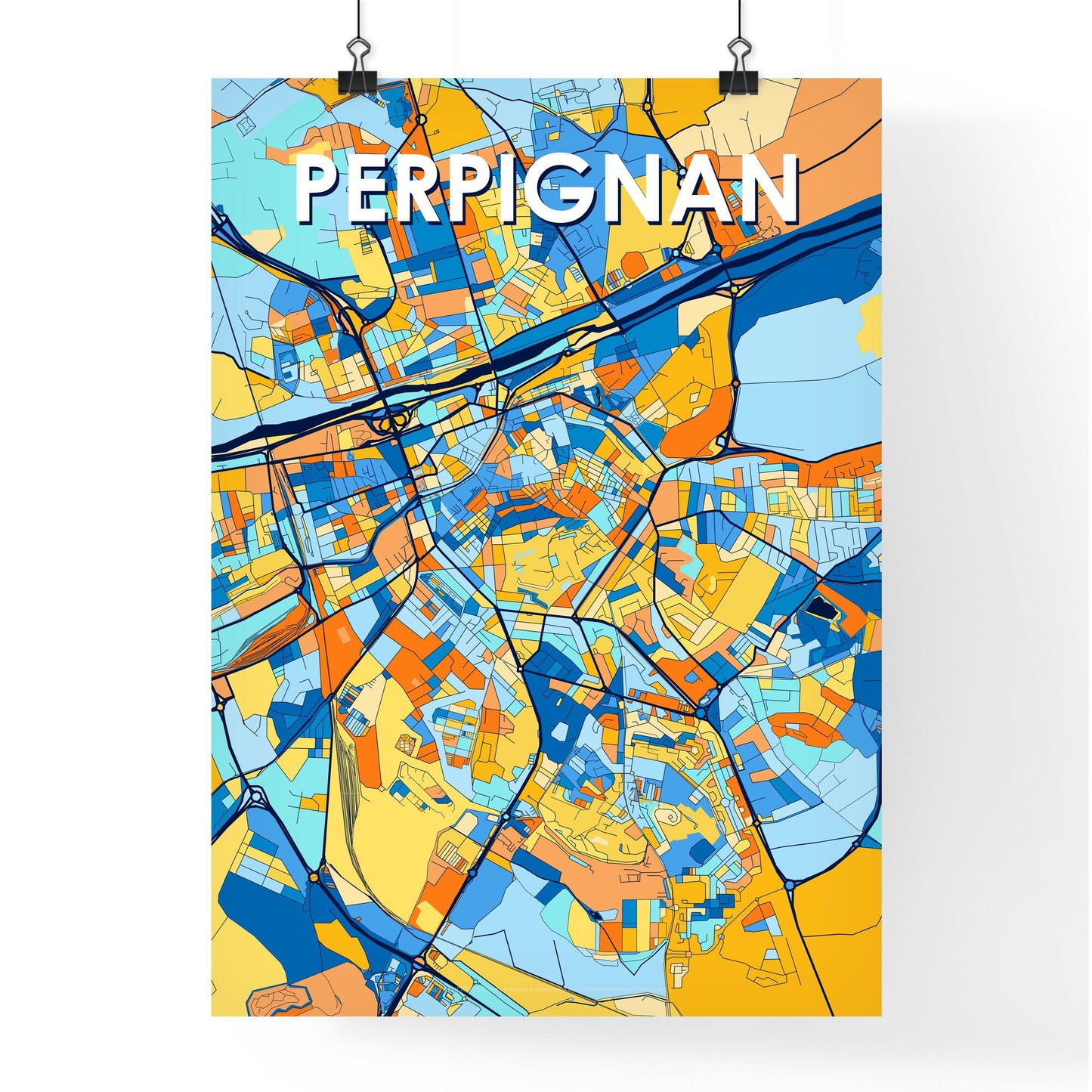 PERPIGNAN FRANCE Vibrant Colorful Art Map Poster Blue Orange