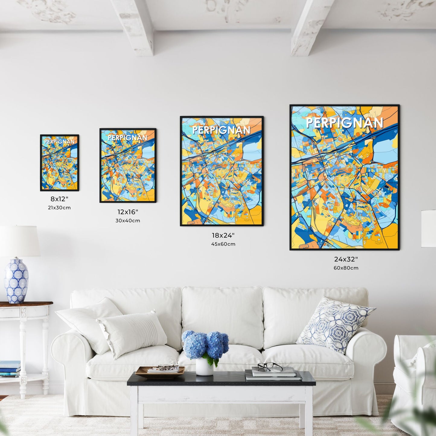 PERPIGNAN FRANCE Vibrant Colorful Art Map Poster Blue Orange