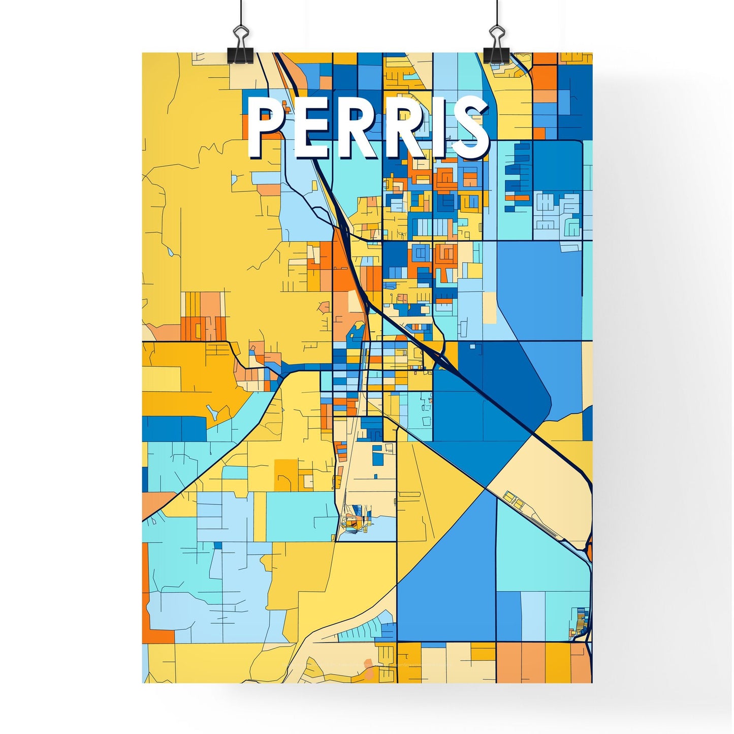 PERRIS CALIFORNIA Vibrant Colorful Art Map Poster Blue Orange