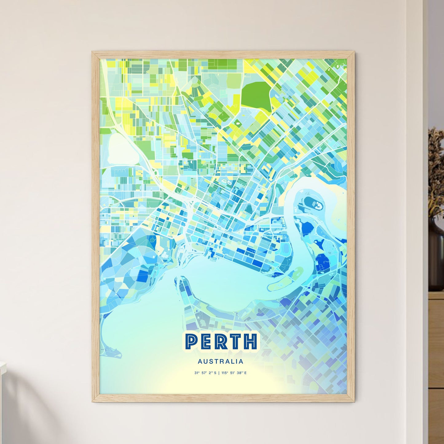Colorful Perth Australia Fine Art Map Cool Blue