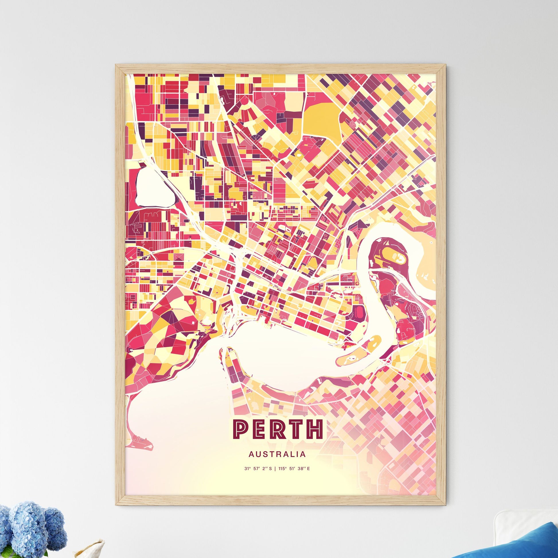 Colorful Perth Australia Fine Art Map Hot Red