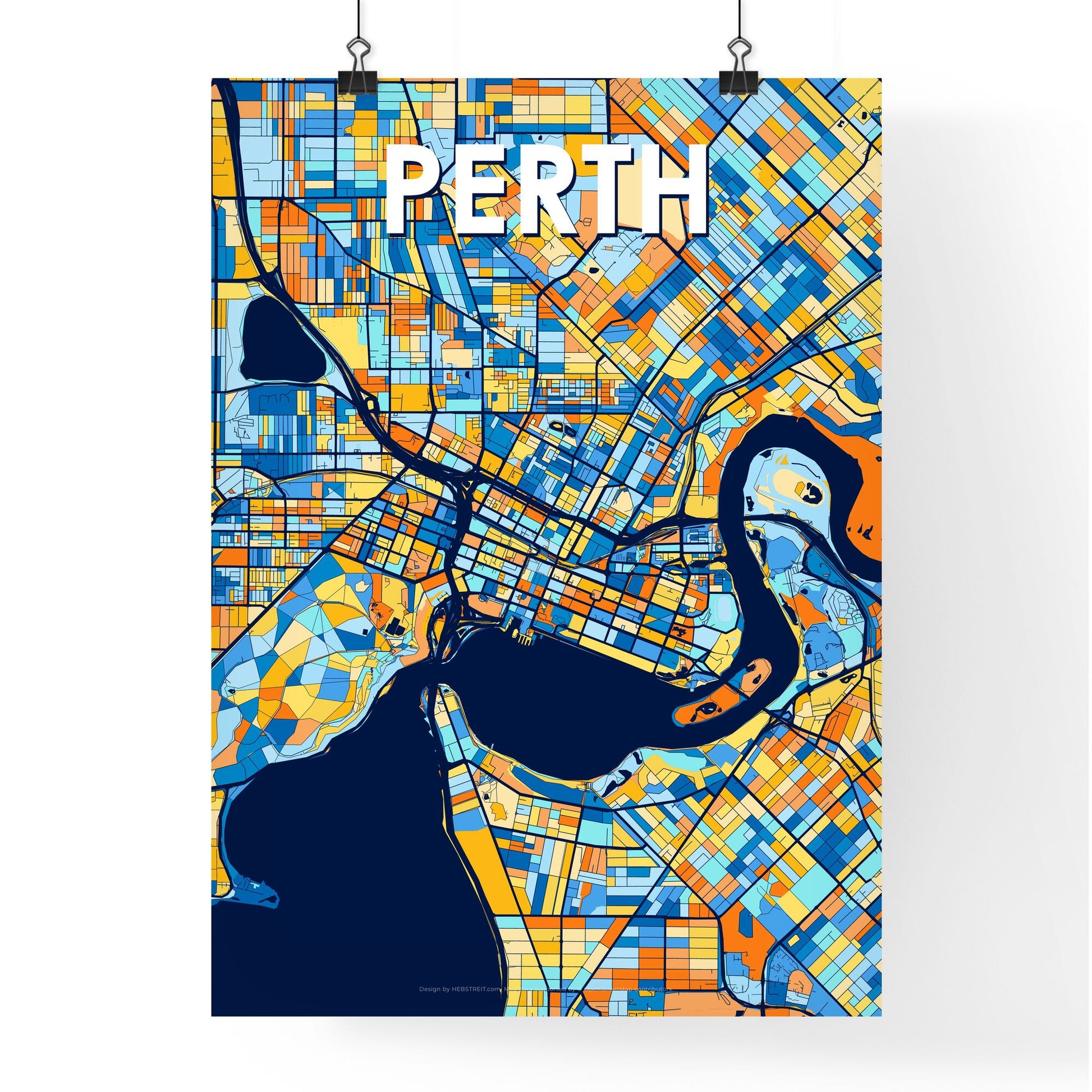 PERTH AUSTRALIA Vibrant Colorful Art Map Poster Blue Orange