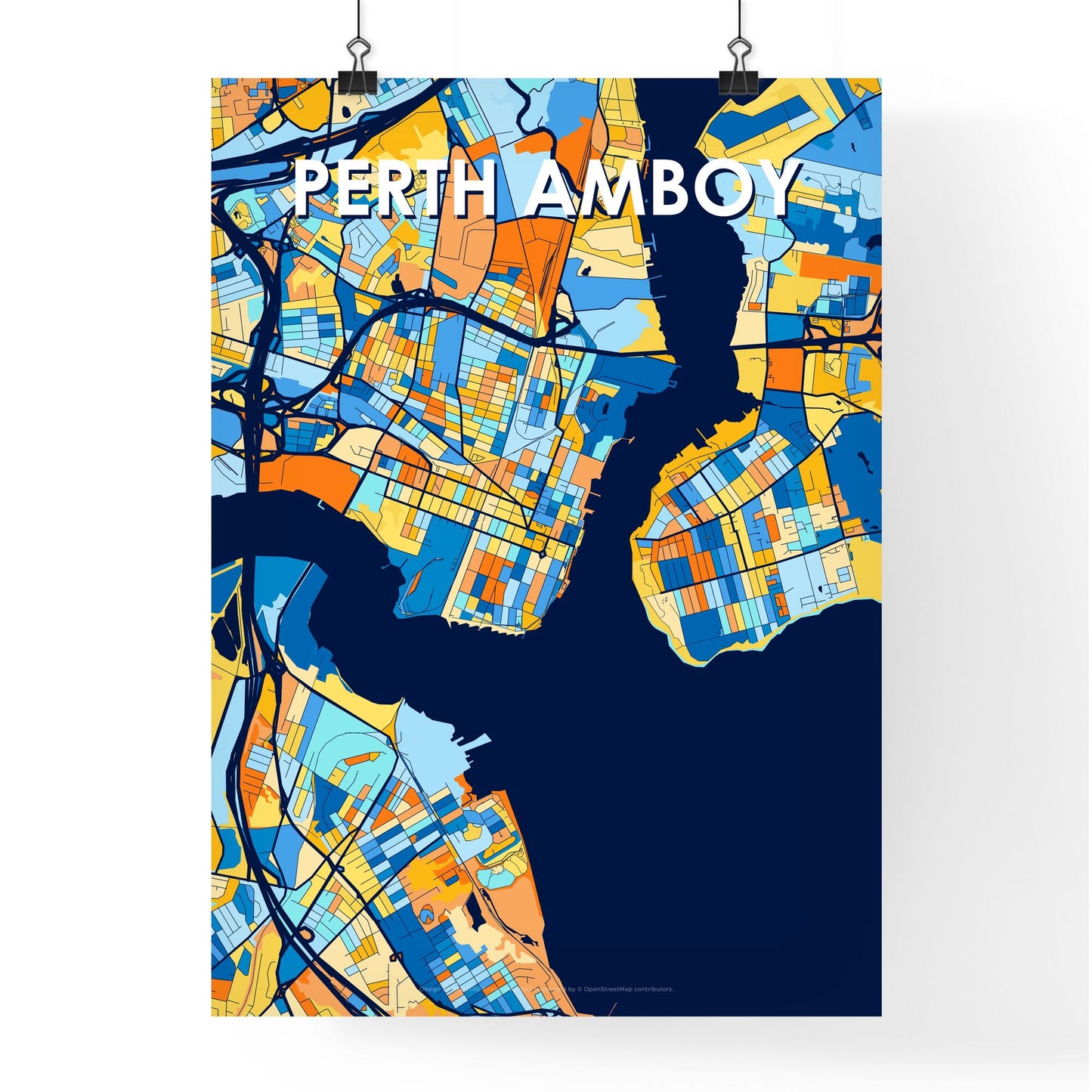 PERTH AMBOY NEW JERSEY Vibrant Colorful Art Map Poster Blue Orange