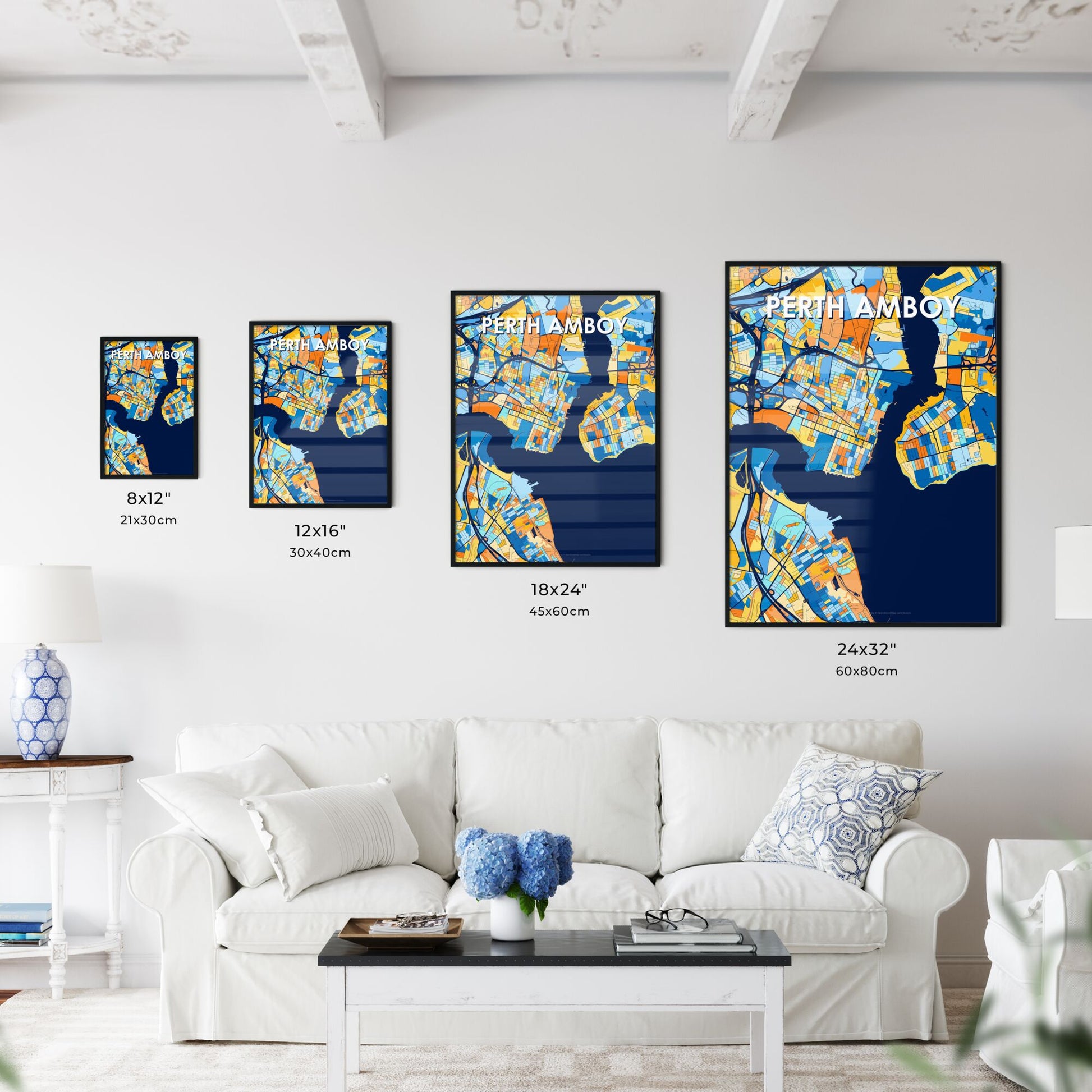 PERTH AMBOY NEW JERSEY Vibrant Colorful Art Map Poster Blue Orange