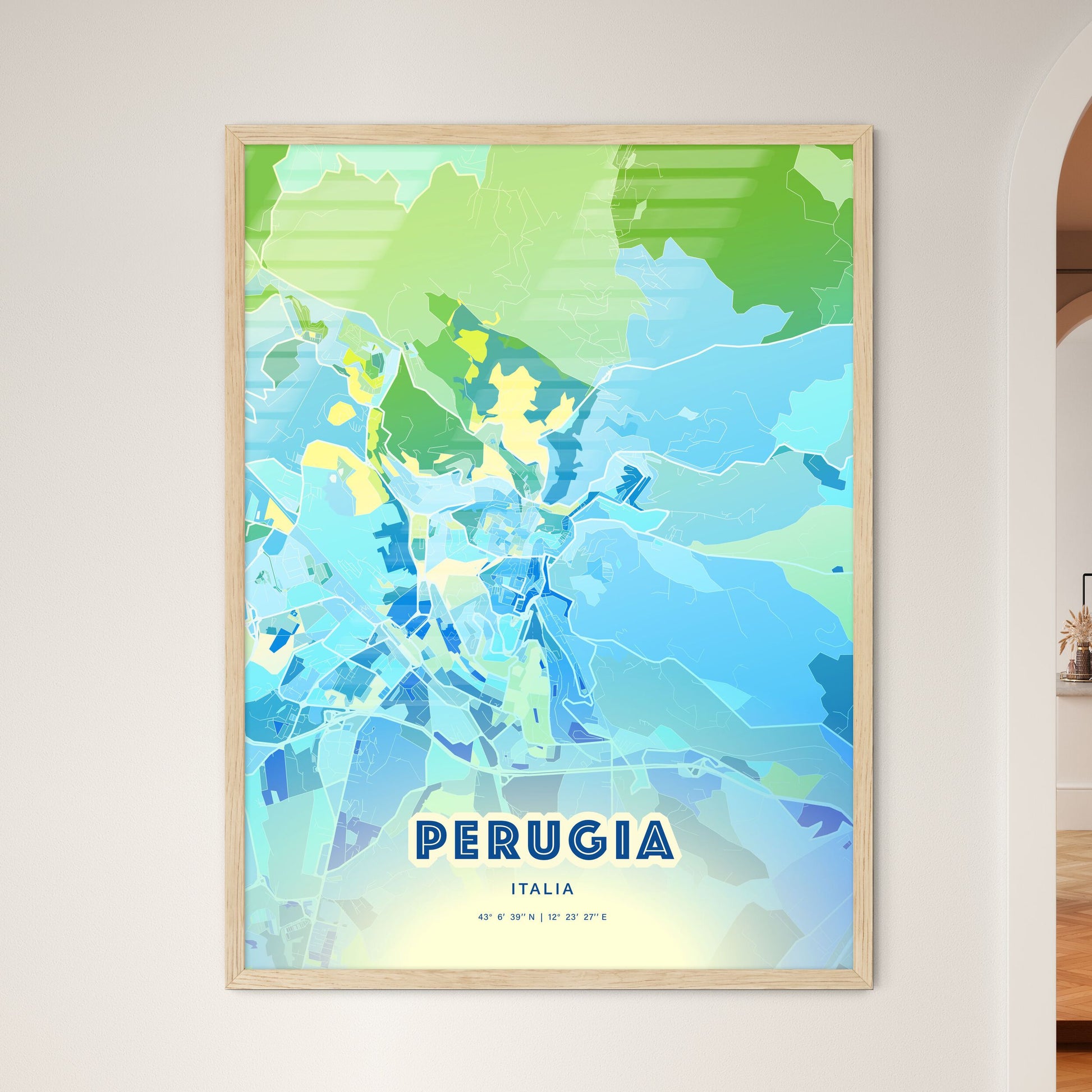 Colorful Perugia Italy Fine Art Map Cool Blue