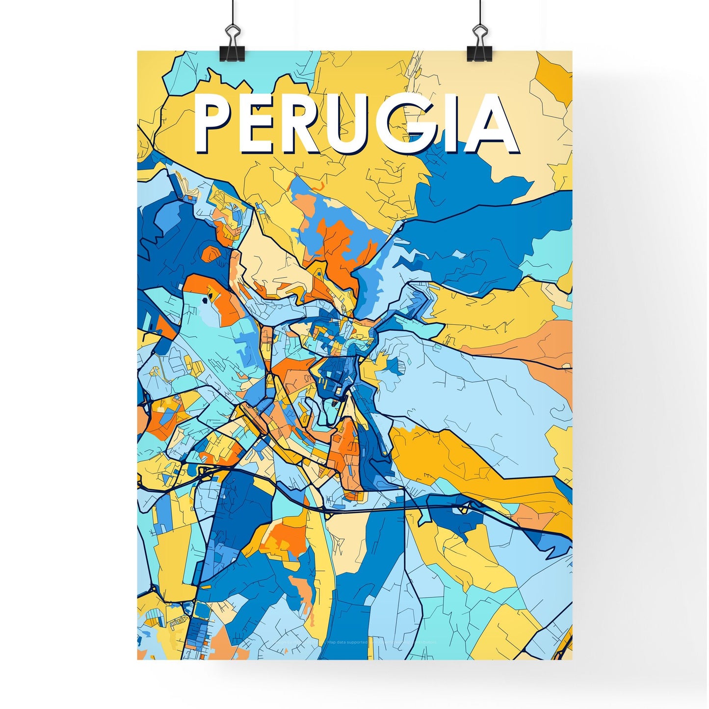 PERUGIA ITALY Vibrant Colorful Art Map Poster Blue Orange