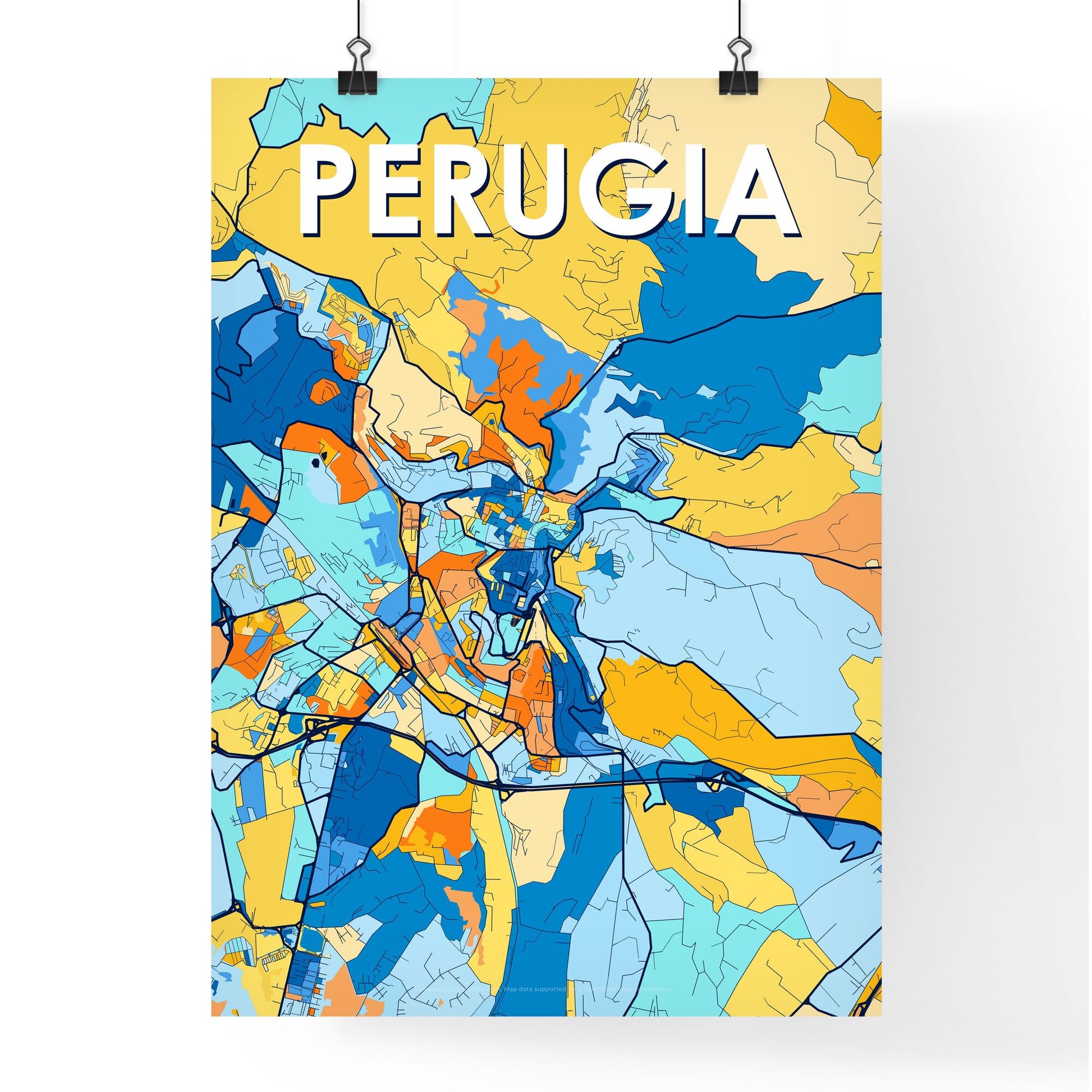 PERUGIA ITALY Vibrant Colorful Art Map Poster Blue Orange