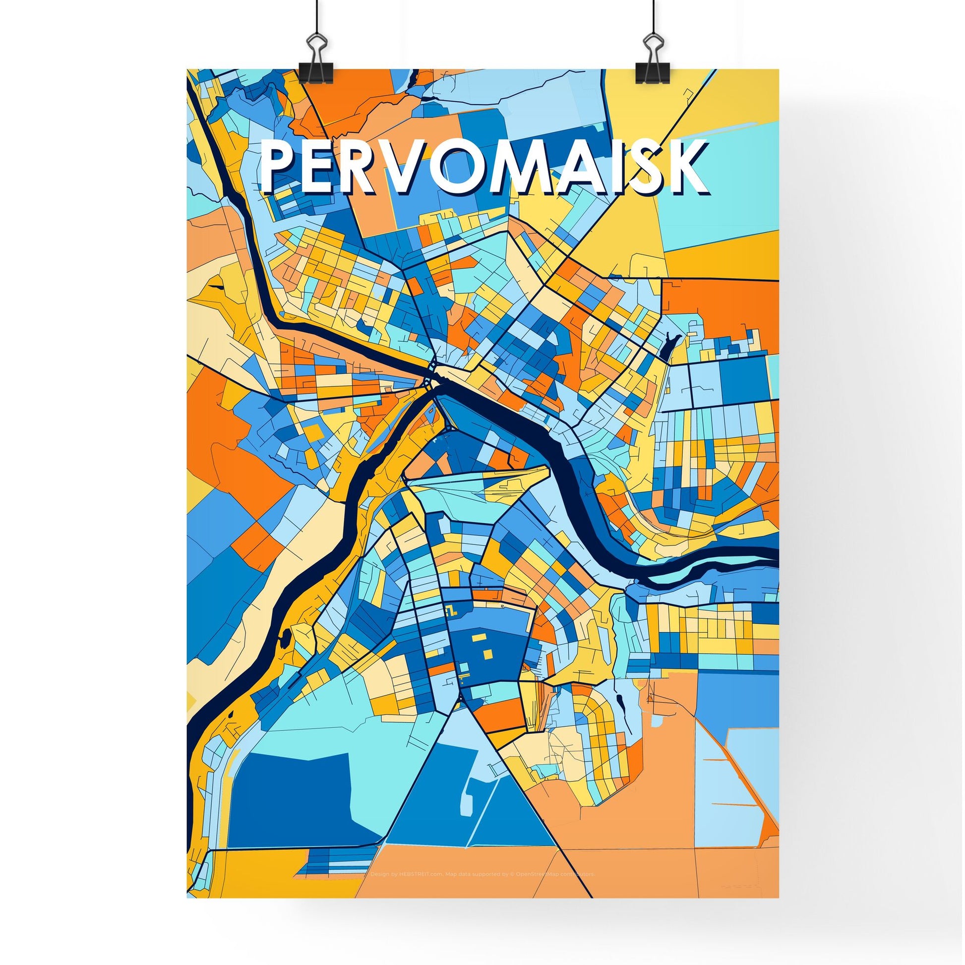 PERVOMAISK UKRAINE Vibrant Colorful Art Map Poster Blue Orange