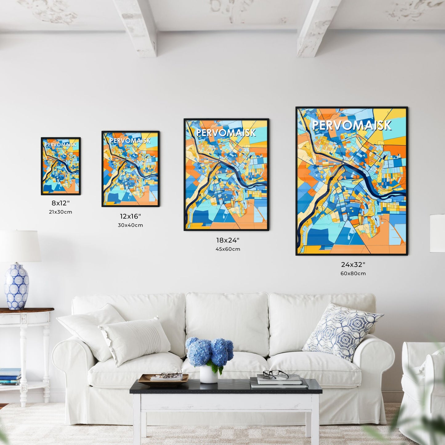 PERVOMAISK UKRAINE Vibrant Colorful Art Map Poster Blue Orange