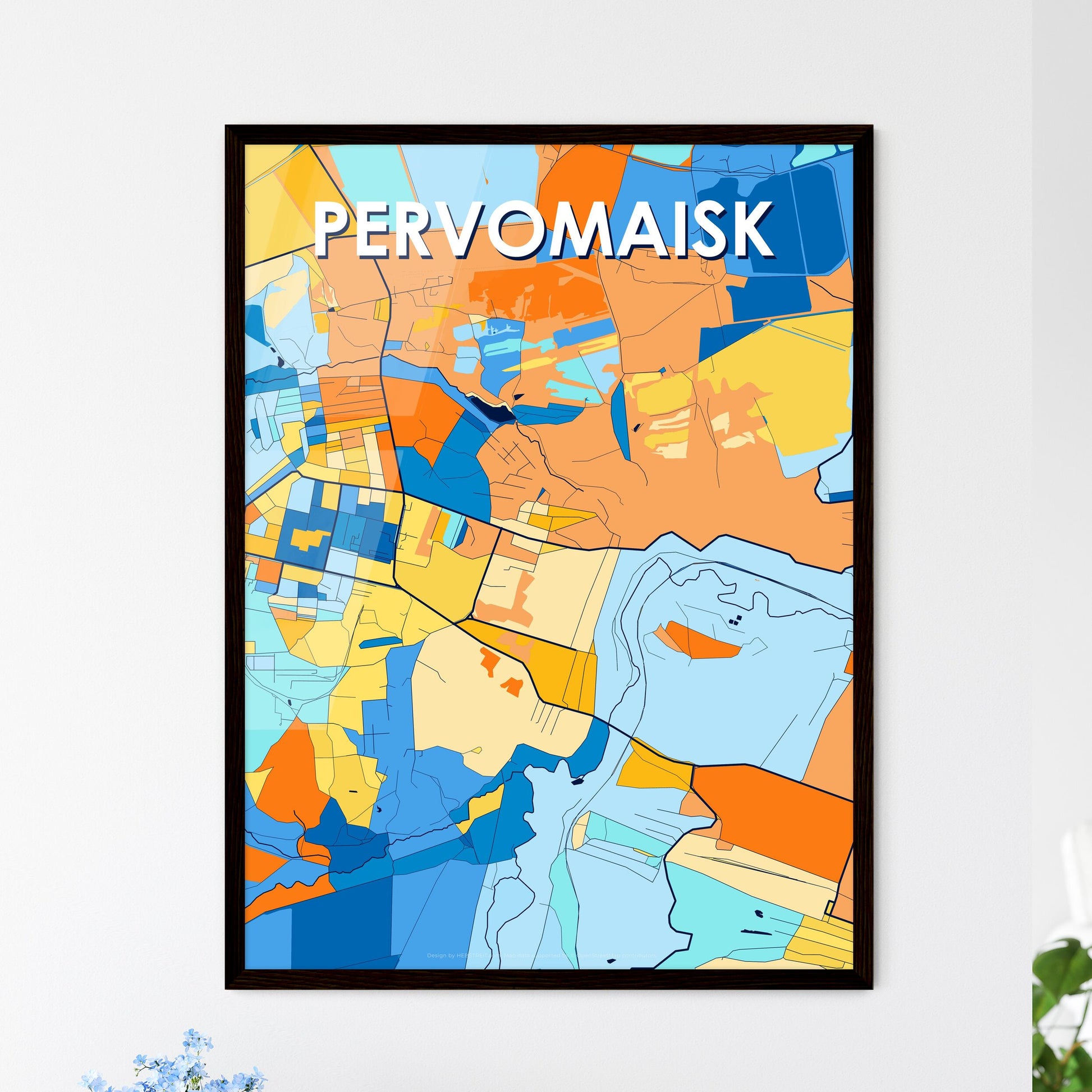 PERVOMAISK UKRAINE Vibrant Colorful Art Map Poster Blue Orange