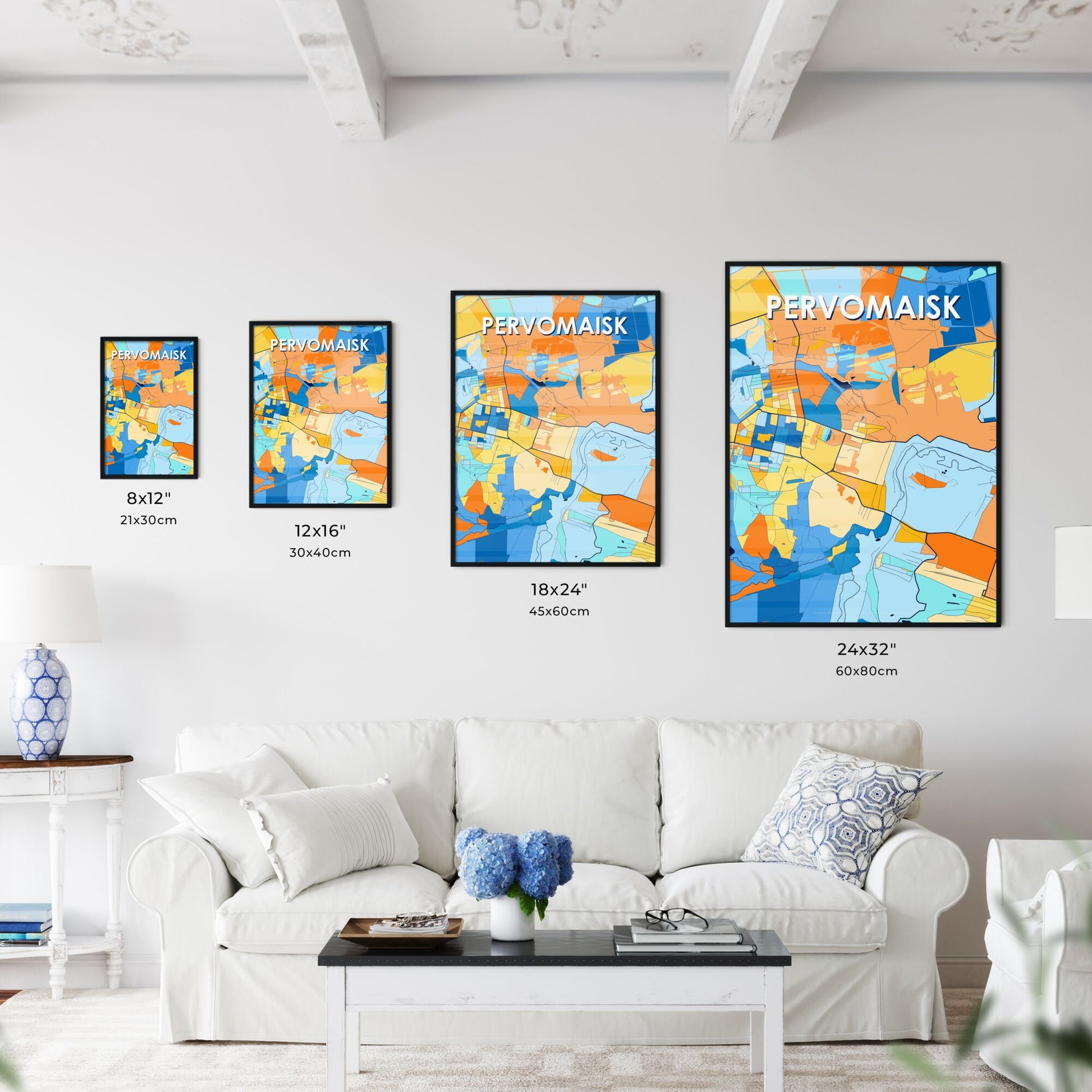 PERVOMAISK UKRAINE Vibrant Colorful Art Map Poster Blue Orange