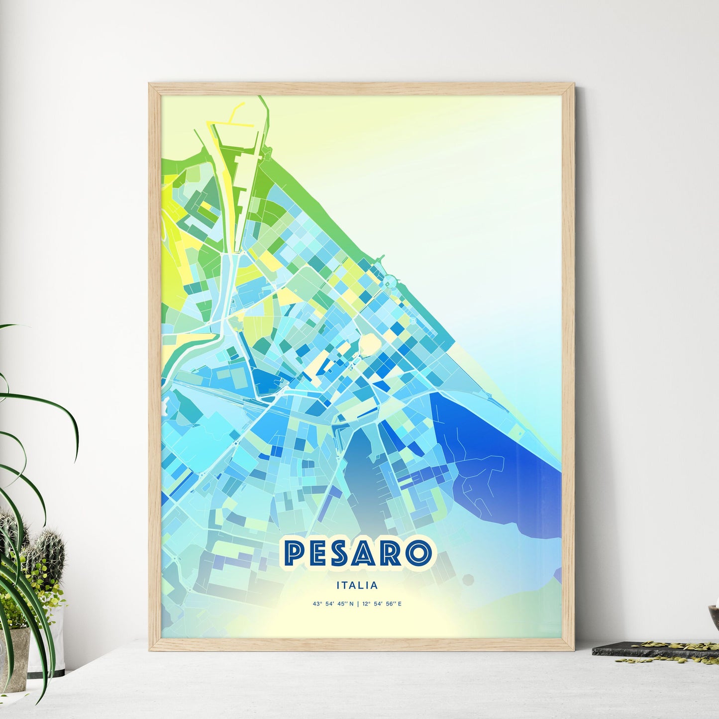 Colorful Pesaro Italy Fine Art Map Cool Blue