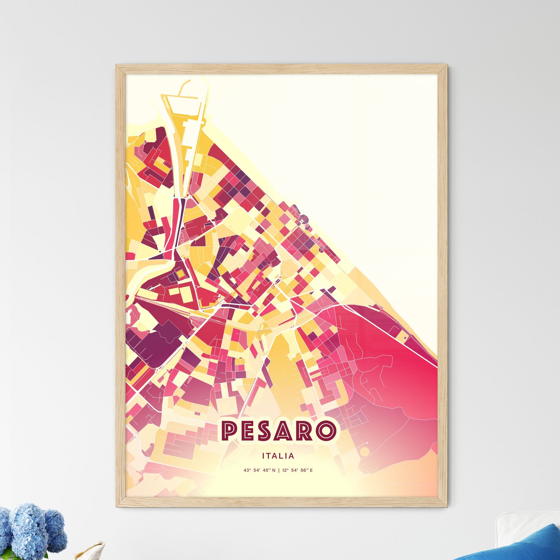 Colorful Pesaro Italy Fine Art Map Hot Red