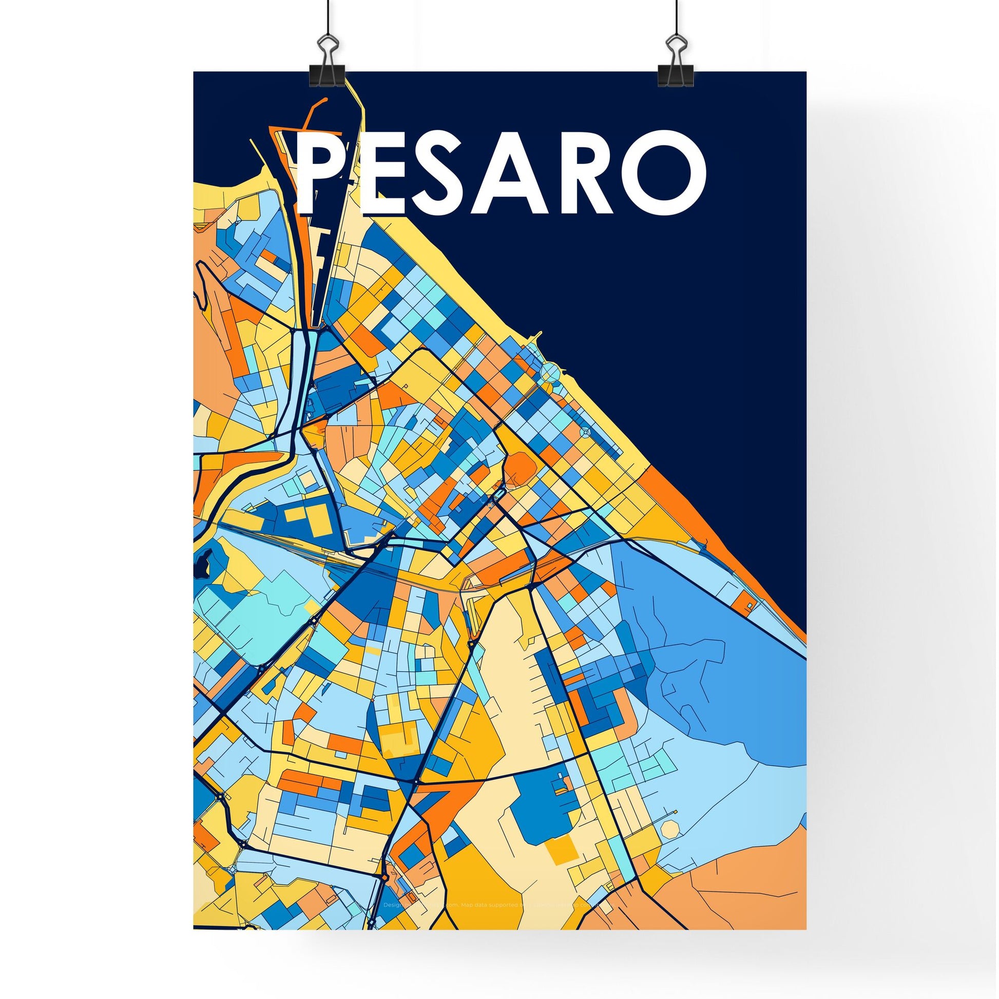 PESARO ITALY Vibrant Colorful Art Map Poster Blue Orange