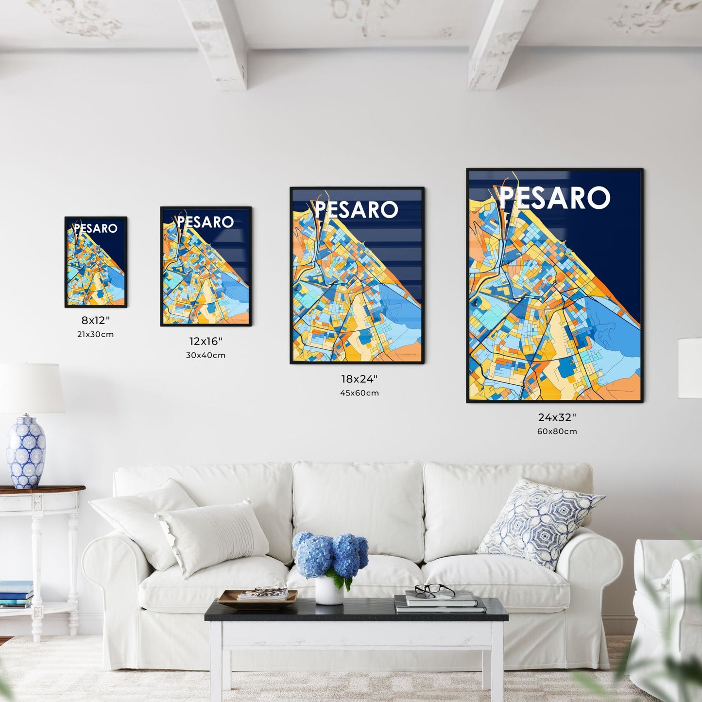 PESARO ITALY Vibrant Colorful Art Map Poster Blue Orange