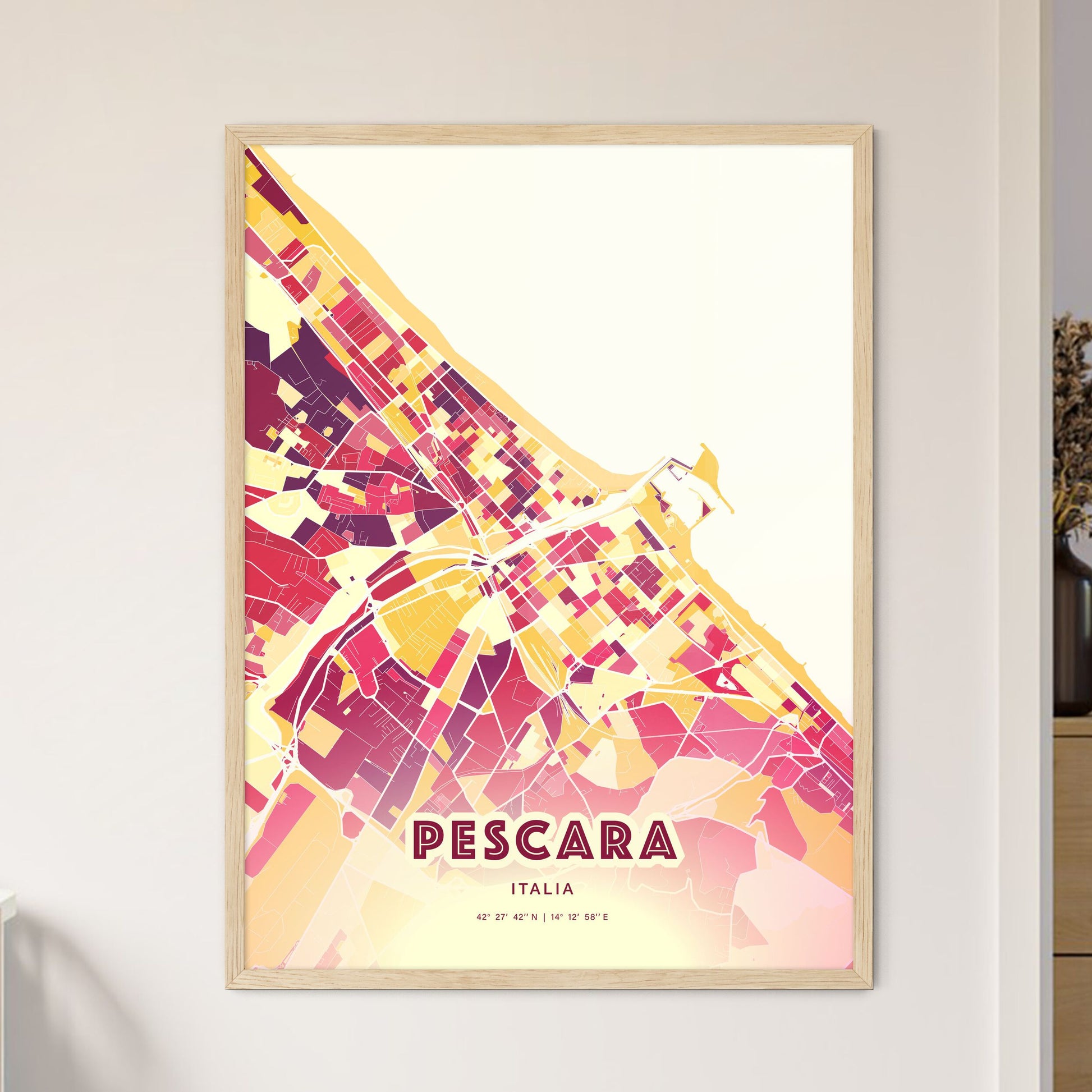 Colorful Pescara Italy Fine Art Map Hot Red