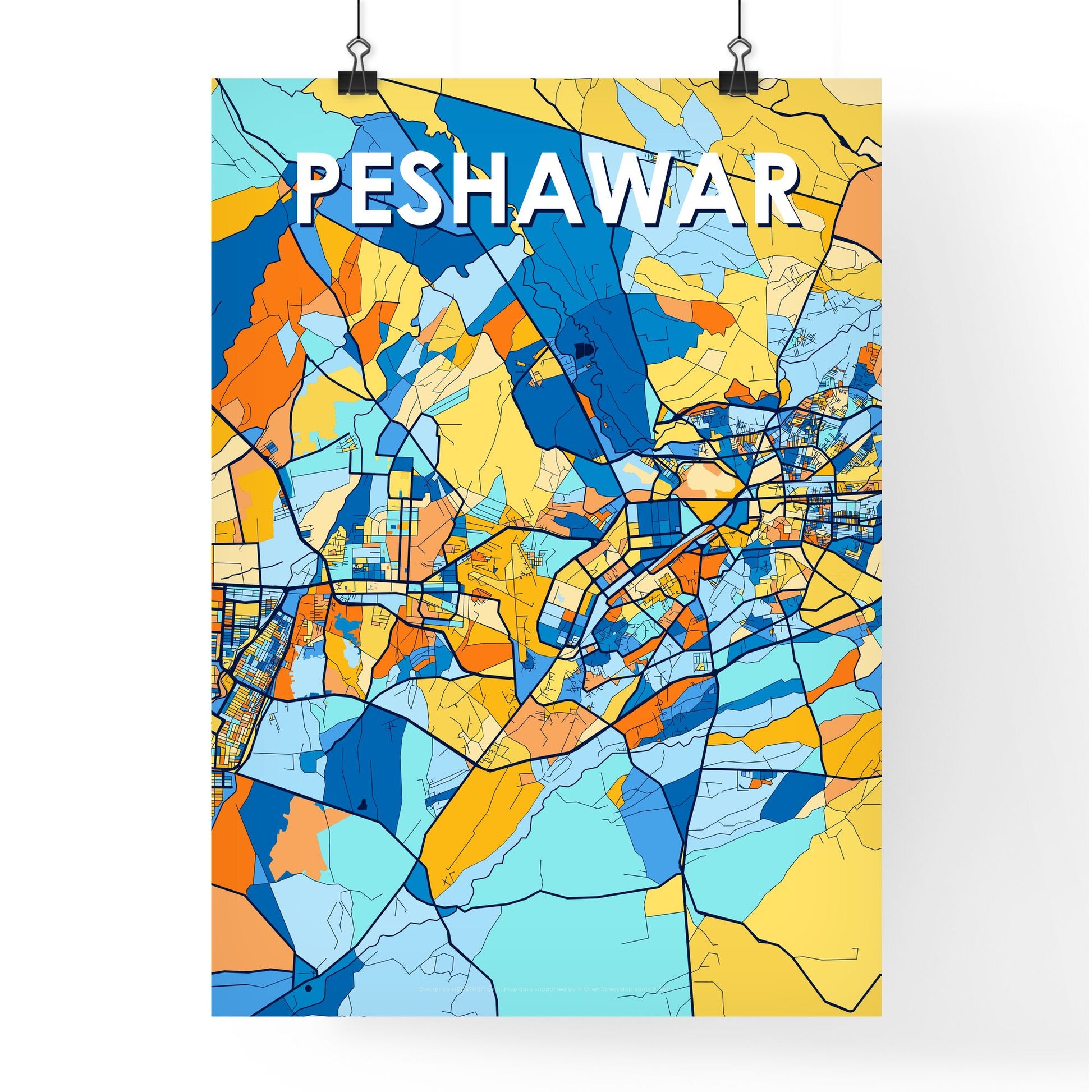 PESHAWAR PAKISTAN Vibrant Colorful Art Map Poster Blue Orange