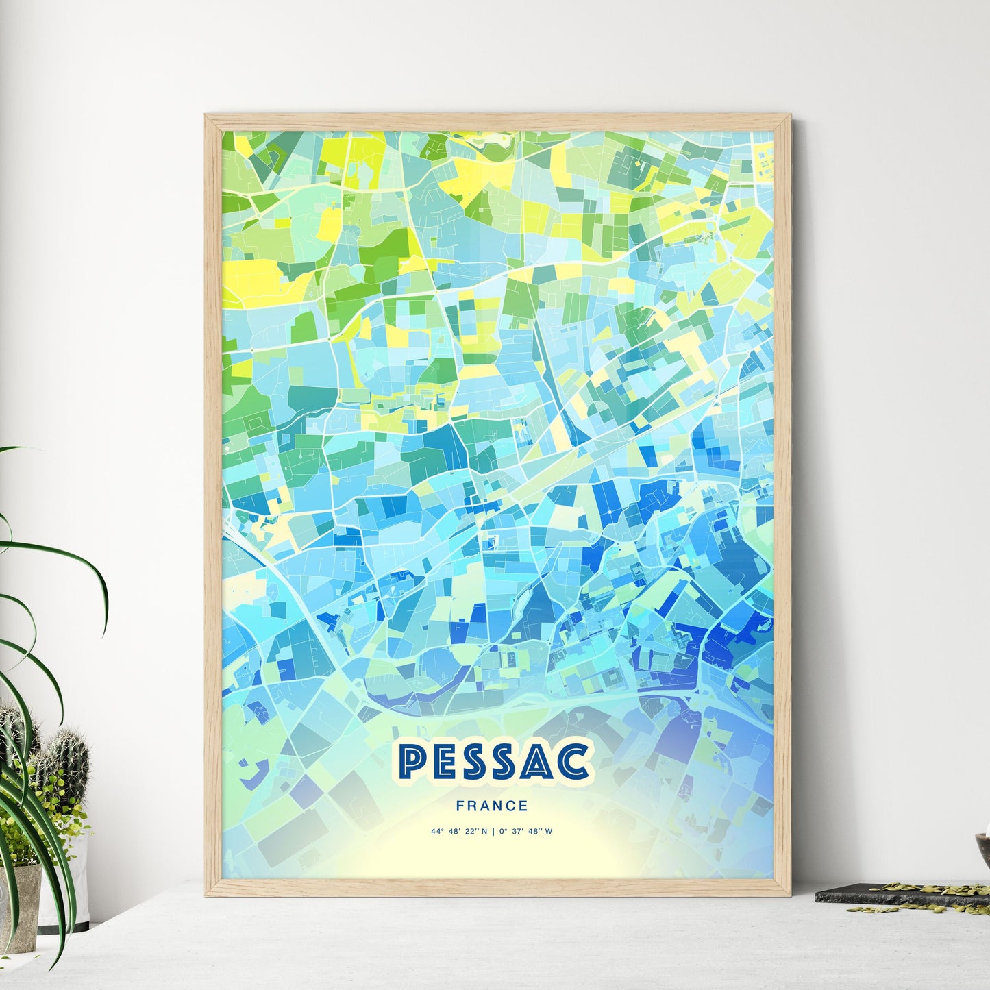 Colorful Pessac France Fine Art Map Cool Blue