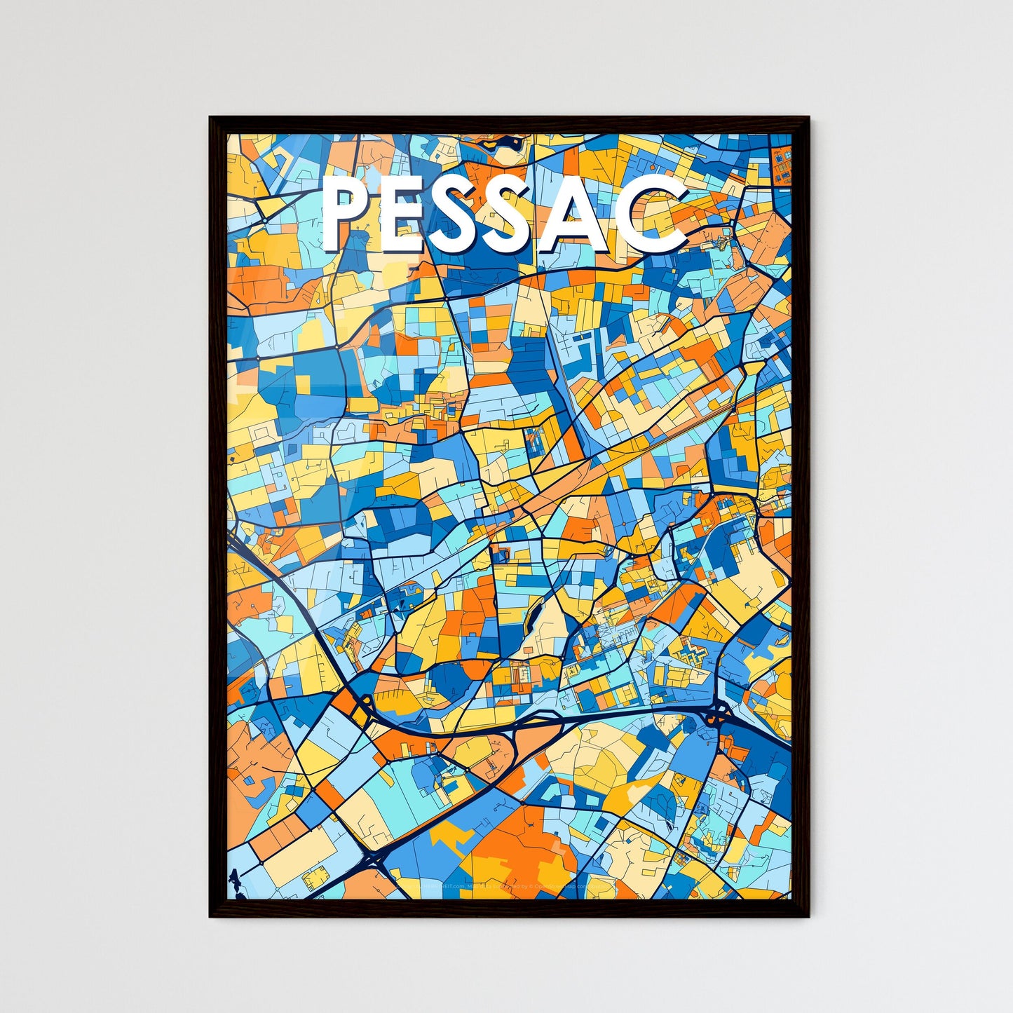 PESSAC FRANCE Vibrant Colorful Art Map Poster Blue Orange