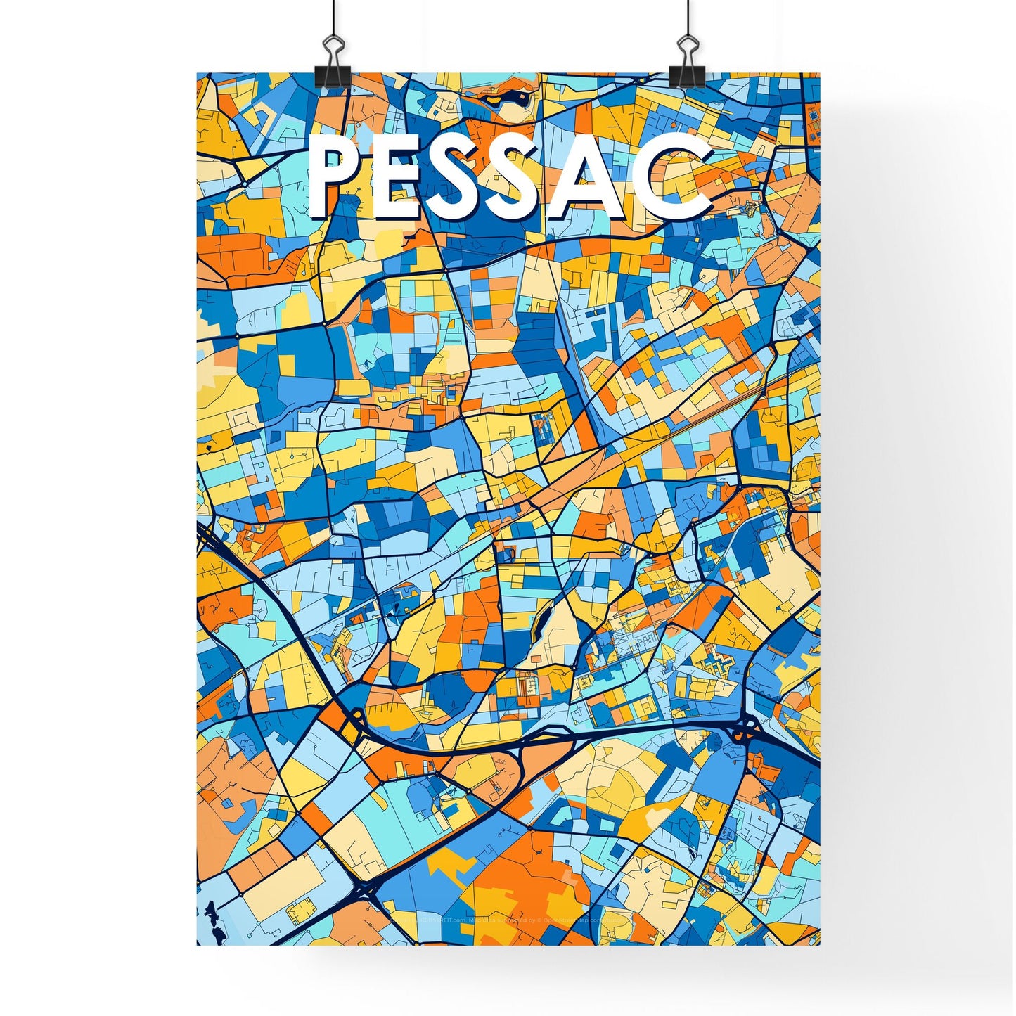 PESSAC FRANCE Vibrant Colorful Art Map Poster Blue Orange