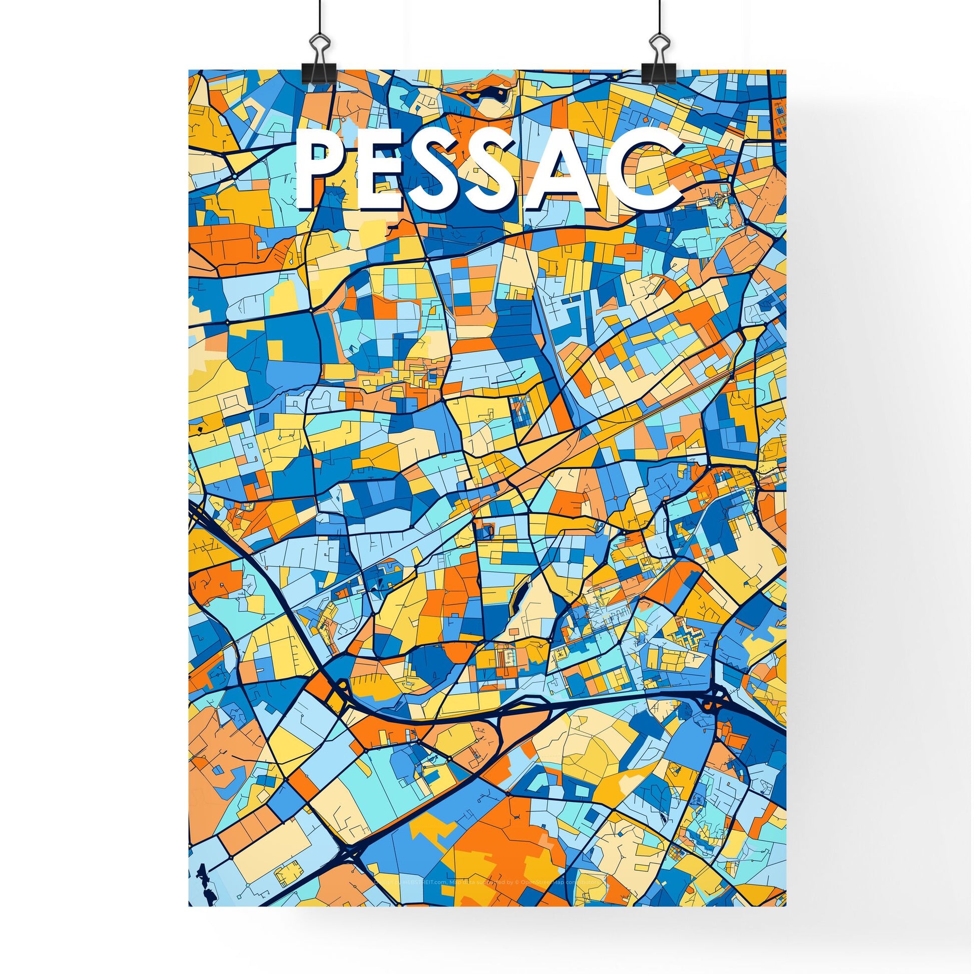 PESSAC FRANCE Vibrant Colorful Art Map Poster Blue Orange