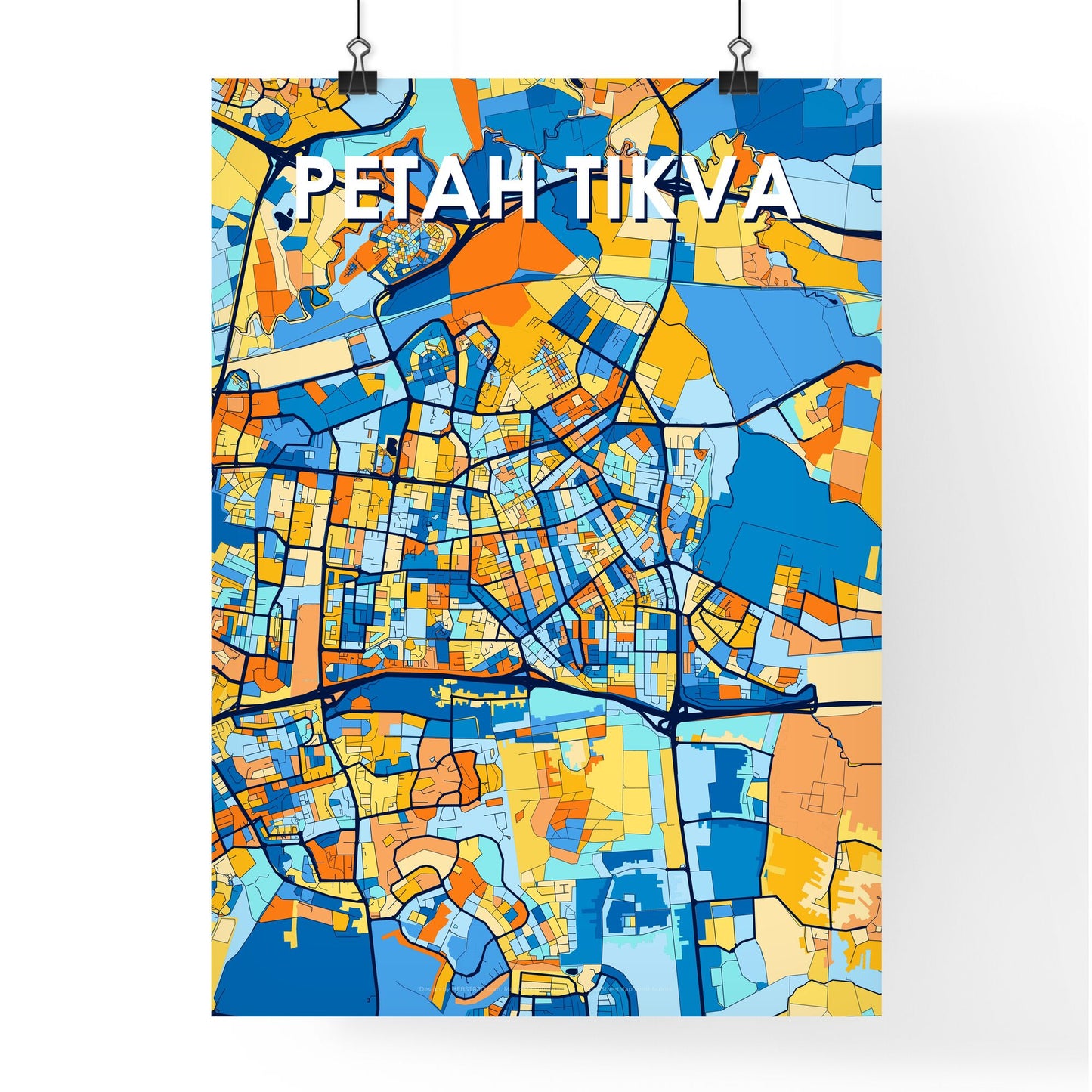 PETAH TIKVA ISRAEL Vibrant Colorful Art Map Poster Blue Orange