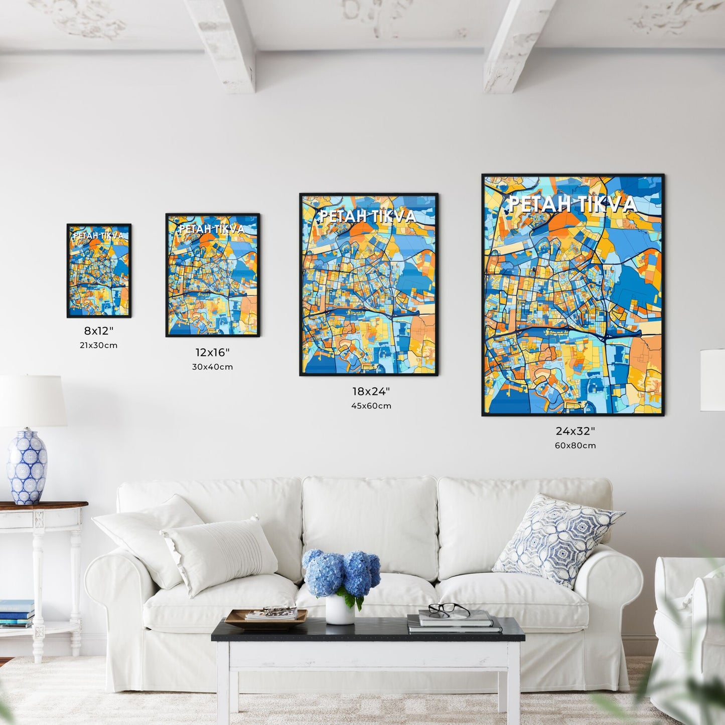 PETAH TIKVA ISRAEL Vibrant Colorful Art Map Poster Blue Orange