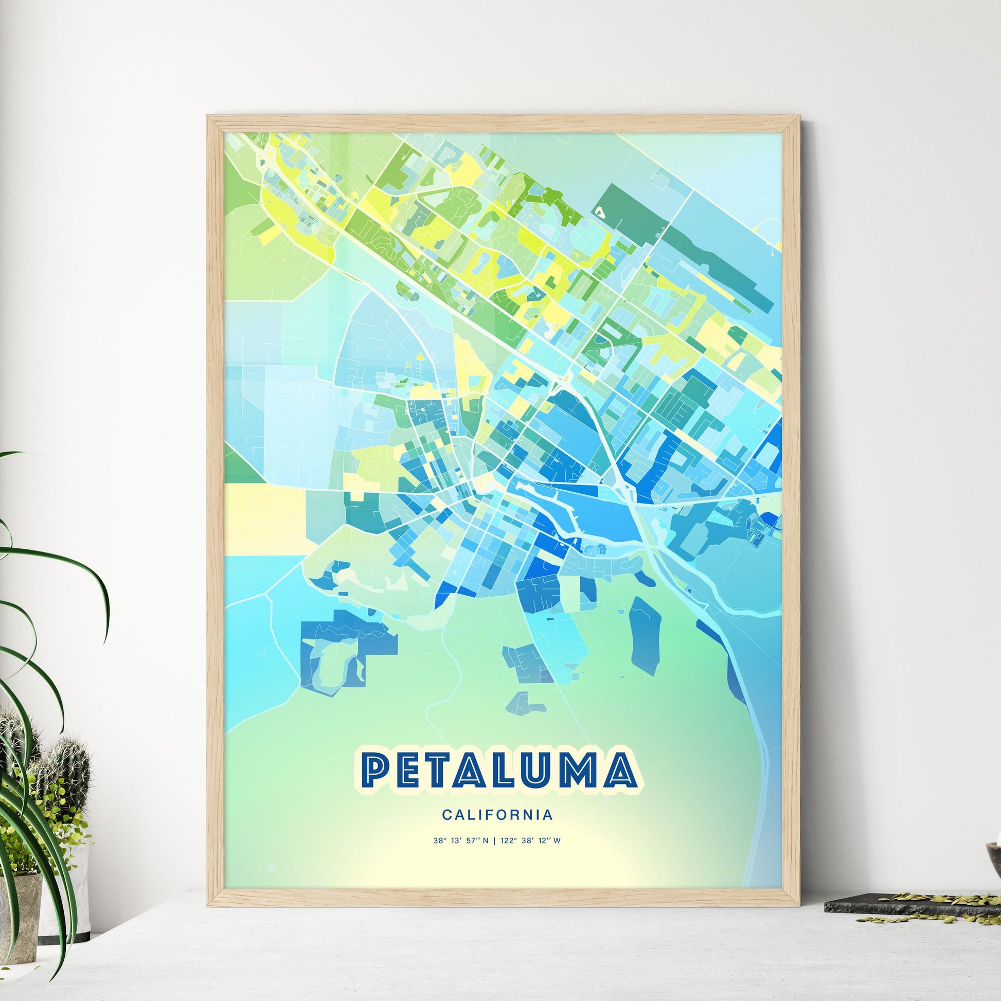 Colorful Petaluma California Fine Art Map Cool Blue