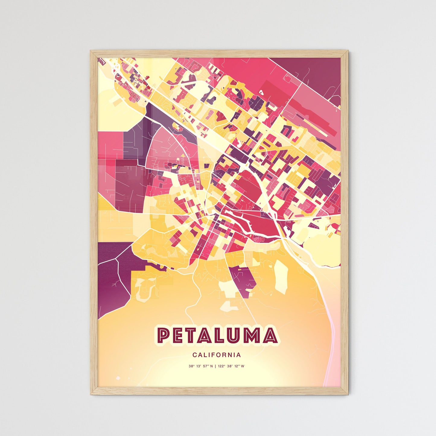 Colorful Petaluma California Fine Art Map Hot Red