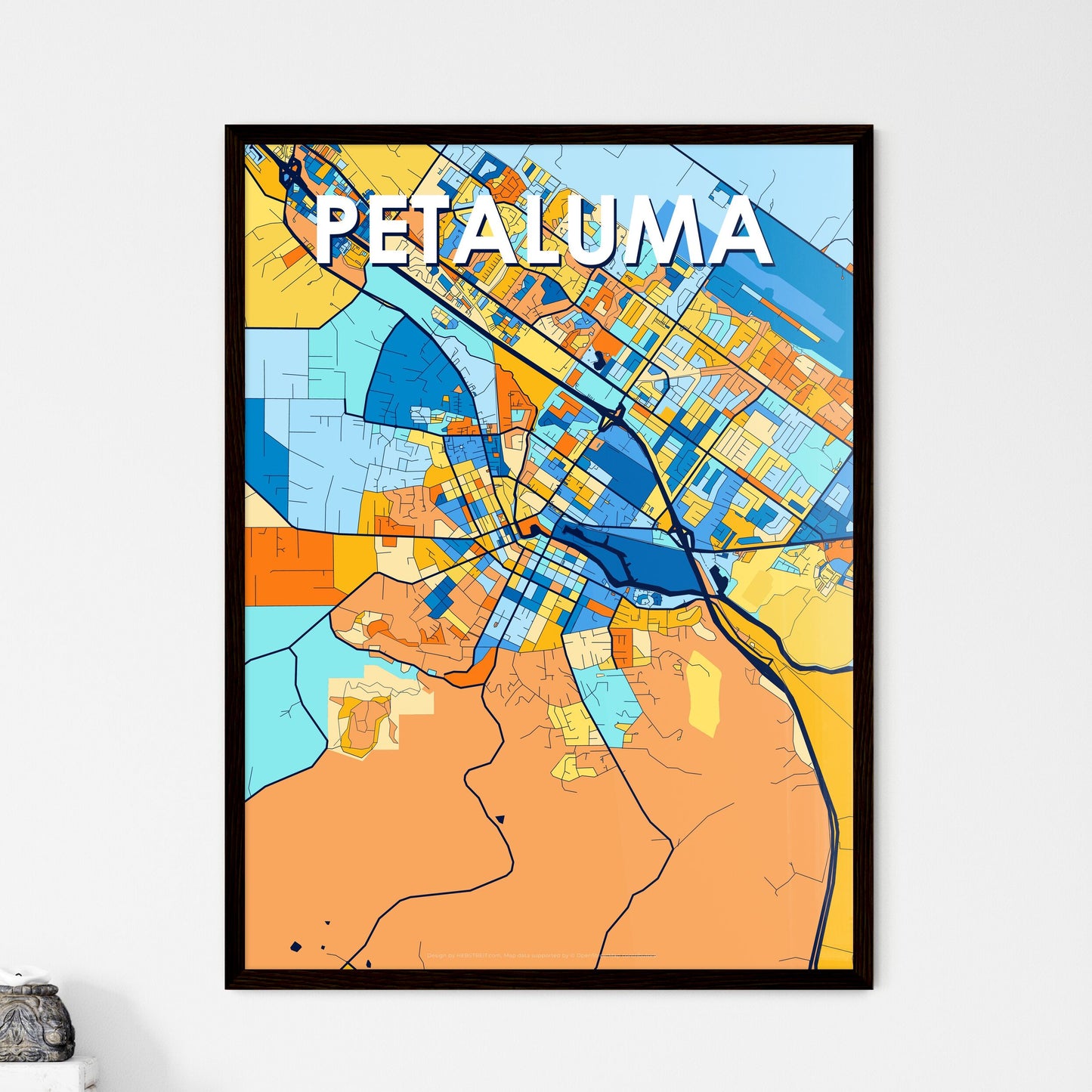 PETALUMA CALIFORNIA Vibrant Colorful Art Map Poster Blue Orange