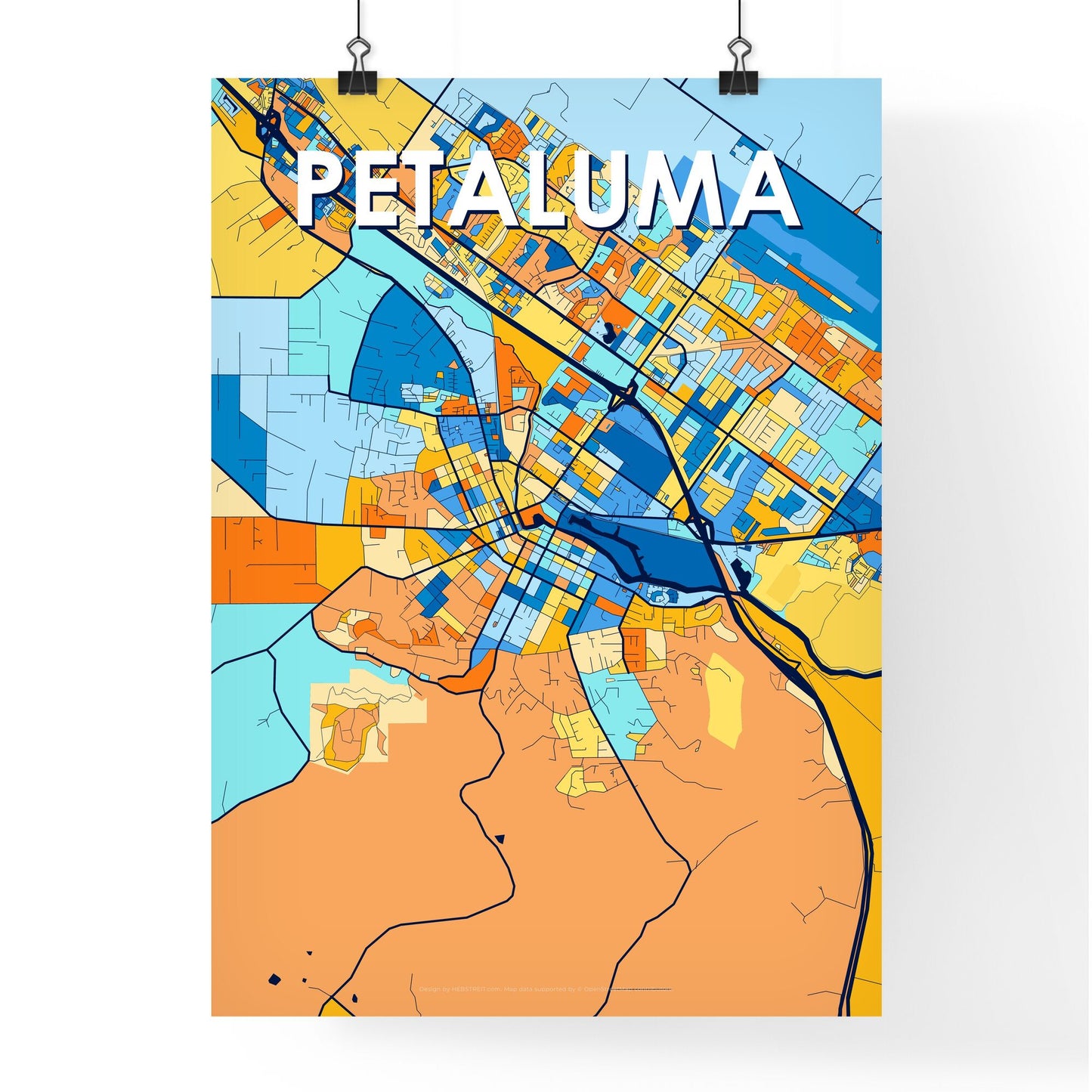 PETALUMA CALIFORNIA Vibrant Colorful Art Map Poster Blue Orange