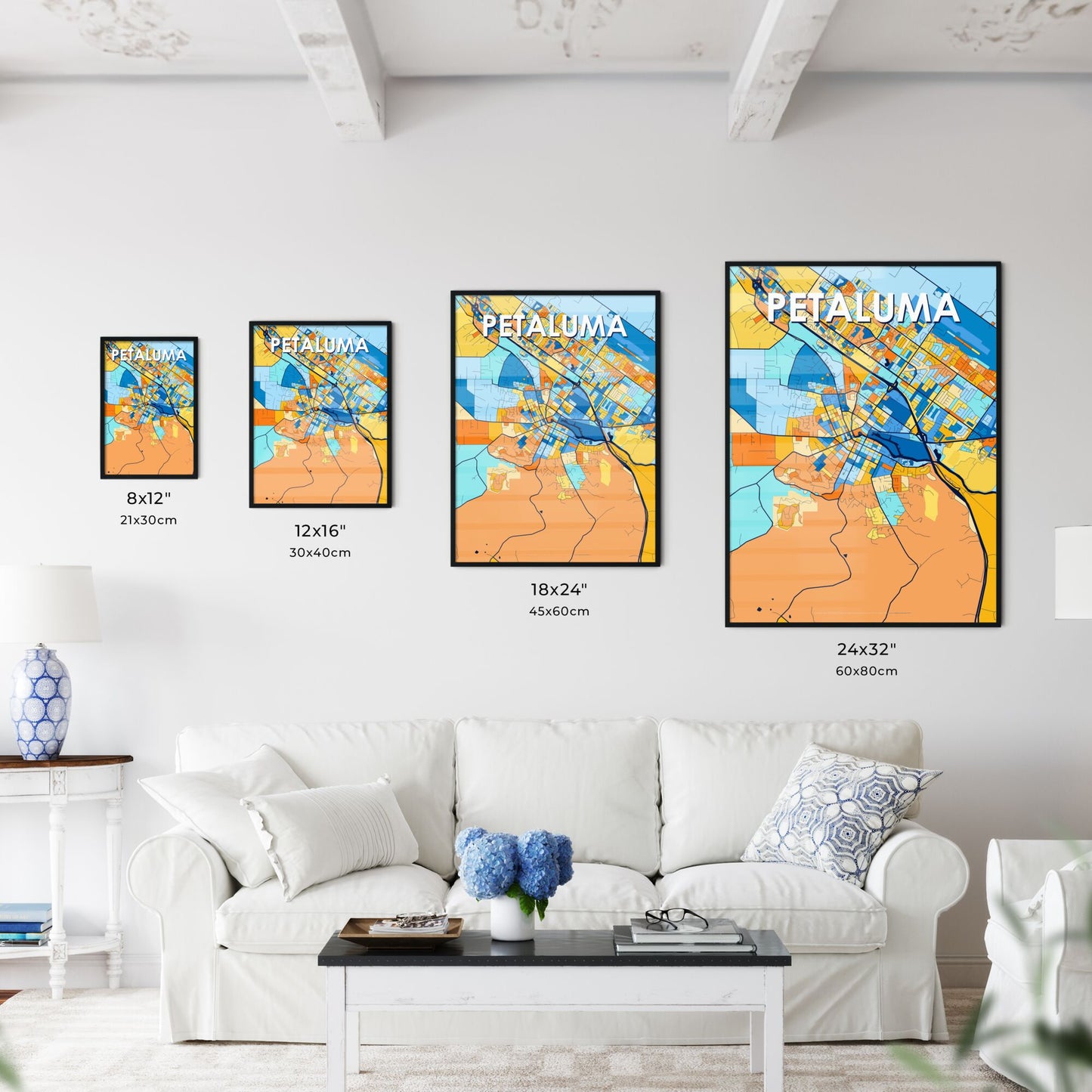 PETALUMA CALIFORNIA Vibrant Colorful Art Map Poster Blue Orange