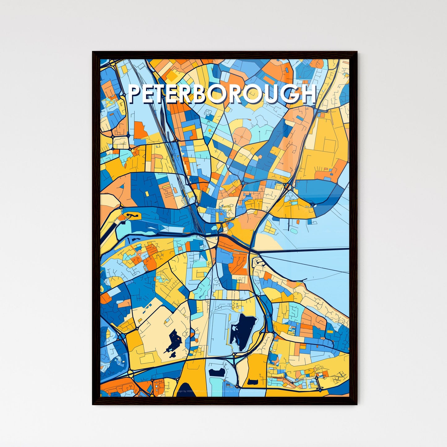 PETERBOROUGH ENGLAND Vibrant Colorful Art Map Poster Blue Orange