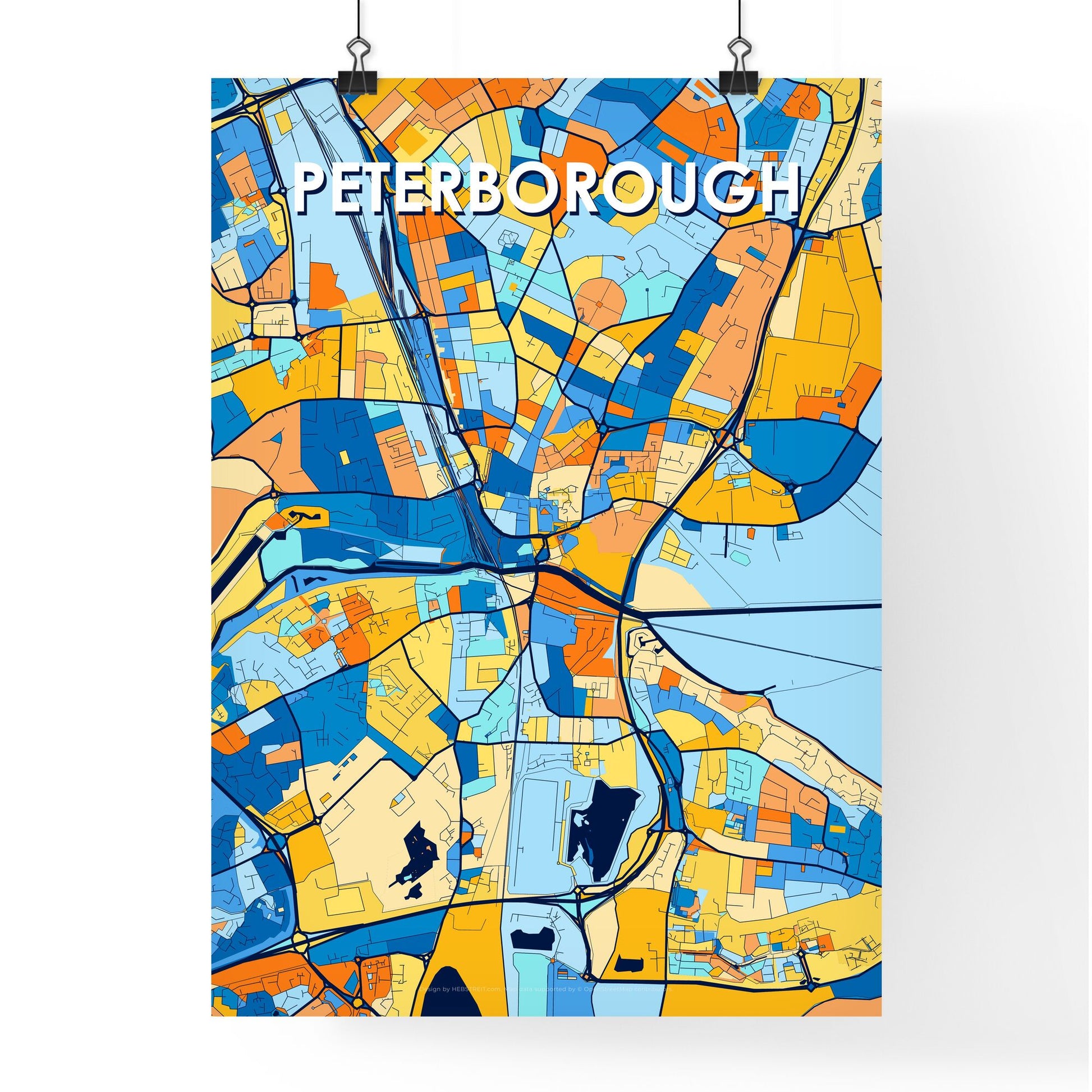 PETERBOROUGH ENGLAND Vibrant Colorful Art Map Poster Blue Orange